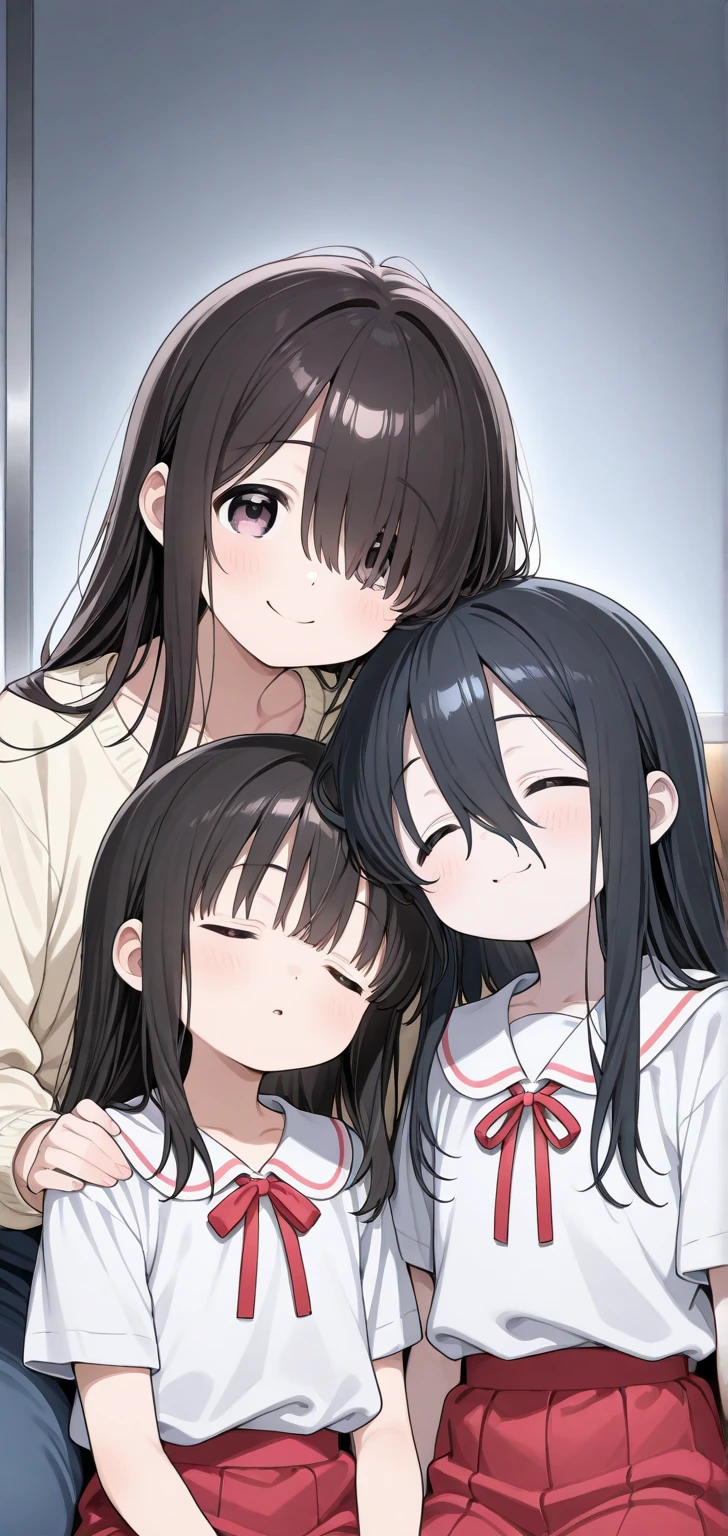 living room, hugging, on one hand (older woman with huge breasts, long wavy black hair, blue eyes, white ribbed turtleneck, mole under mouth, seductive smile) and on another (teenager with medium breasts, shy, blush, young, black serafuku, long black twin tails), 2 girls