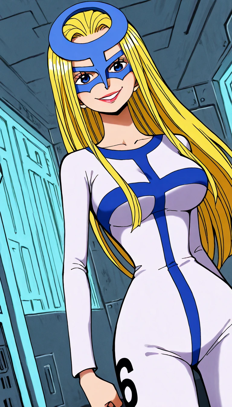 score_9, score_8_up, source_アニメ,Kaoruko Tenkawa, long hair, blue eyes, blonde hair, bow, hair bow, yellow bow,Micro Bikini,1girl,shiny skin,latex,white background,Erect nipples,Reverse Bunny Suit,High heels,shiny skin