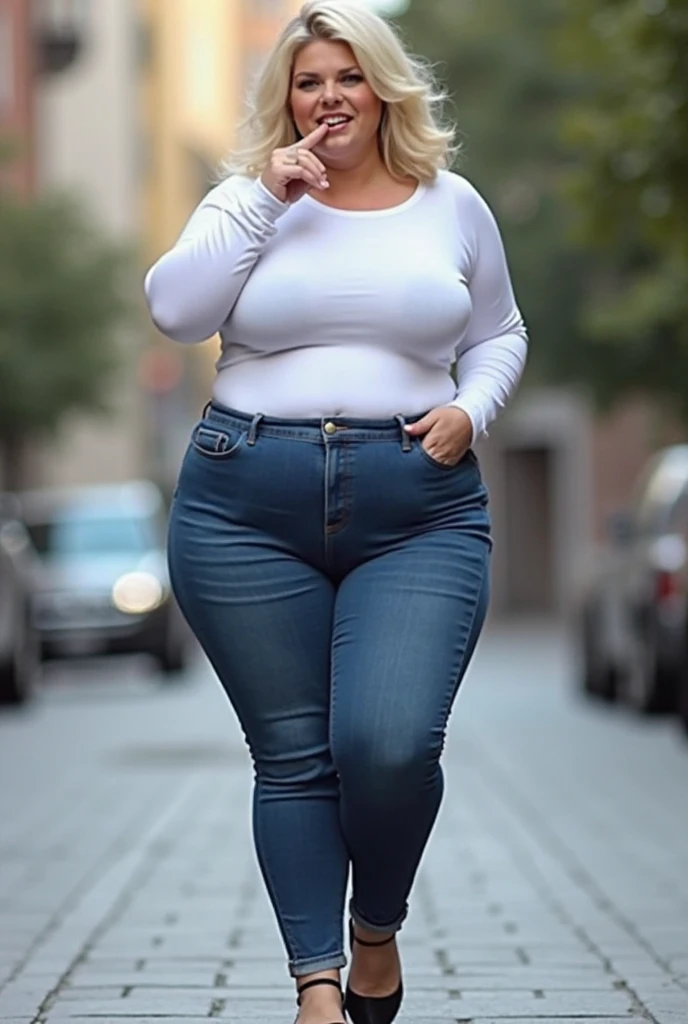 A beautiful morbidly obese busty blonde haired blue eyed woman resembling like Anna Nicole Smith, 21 years old, wearing blue politician pants with white shirt, chubby face, smiling, seductive and walking through the streets of Paris, photorealistic, 8k, highly detailed, dramatic lighting, cinematic composition, elegant fashion, glamorous, intricate details, hyper realistic