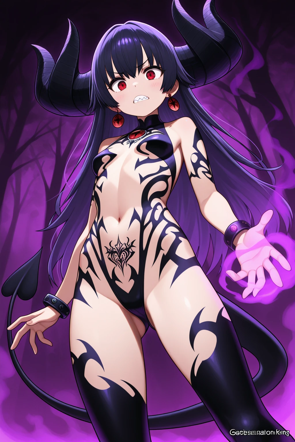 Highest quality, masterpiece, Ultra-high resolution, female、Big Breasts、Fox Beastman、tail、Darkness Fell、Darkness attribute、Sick Heart、Black purple hair、Sick face、Negative aura、Ready your spear、Food、Strange line tattoos all over the body、scars