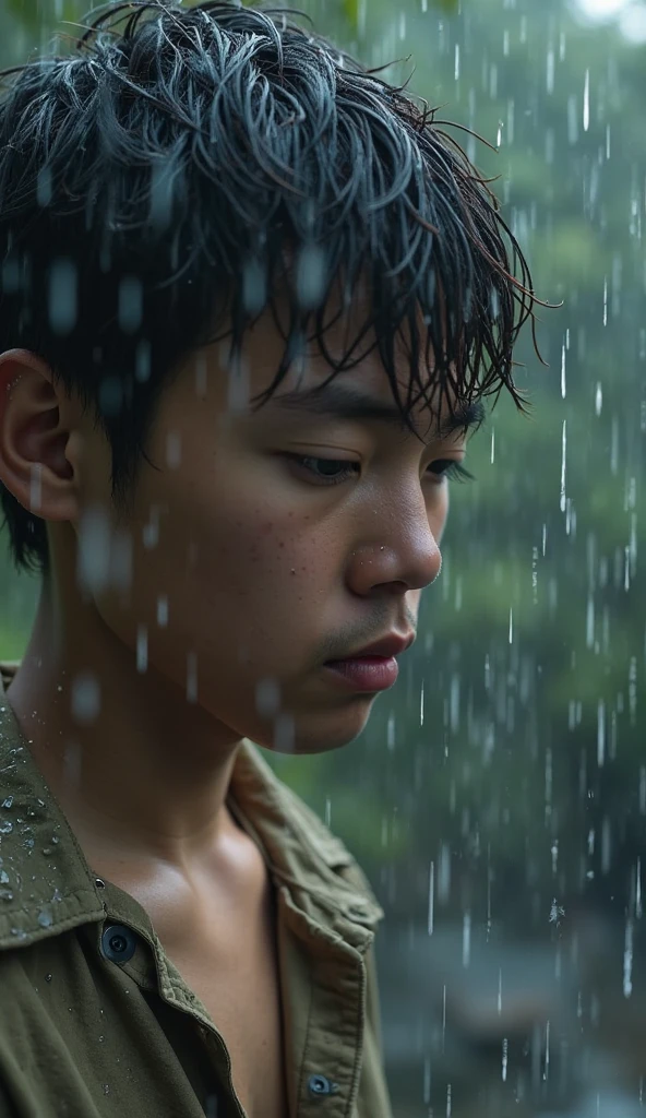 Boy with a very sad look catching the rain and looking up