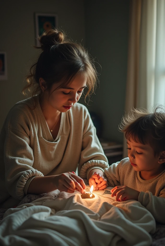 5 year old daughter and her mother playing smiling at home launch at night. Scary vibe