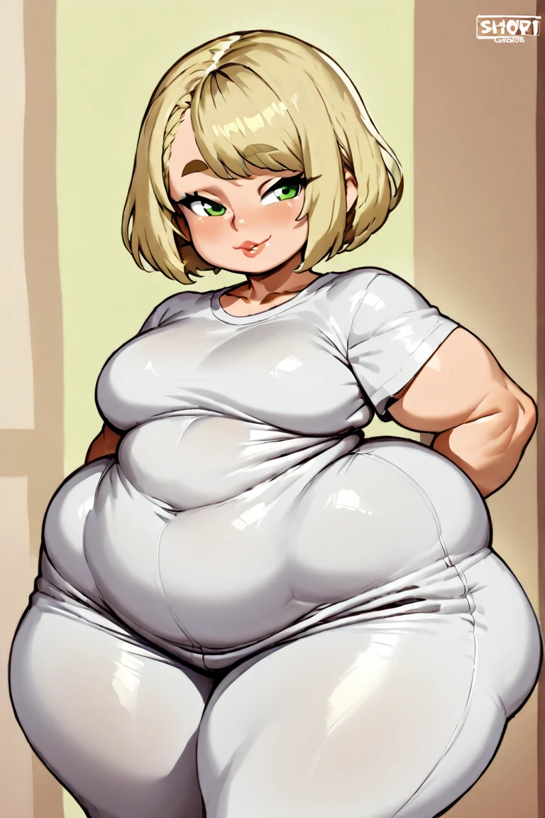 best quality, (masterpiece), (ultra-detailed), (high quality), (high resolution), bronwyn, hair over one eye, blonde hair, furry female, short hair, shirt, short sleeves, scarf, pants, single horn, hourglass figure (thicc, large breasts:1.7),