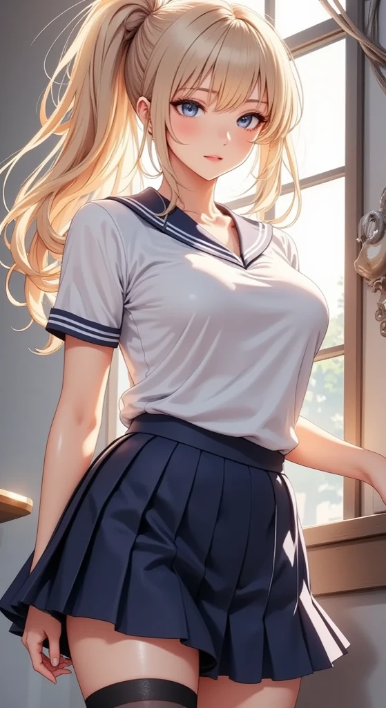 1 female,golden hair,25 years old,(((blue shiny micro tight skirt)))((white tank top))(((blush、open mouth smile)),(((straight hair))),(((portrait))),crowd,,(wet with sweat)(((small breasts)))leather thigh high boots