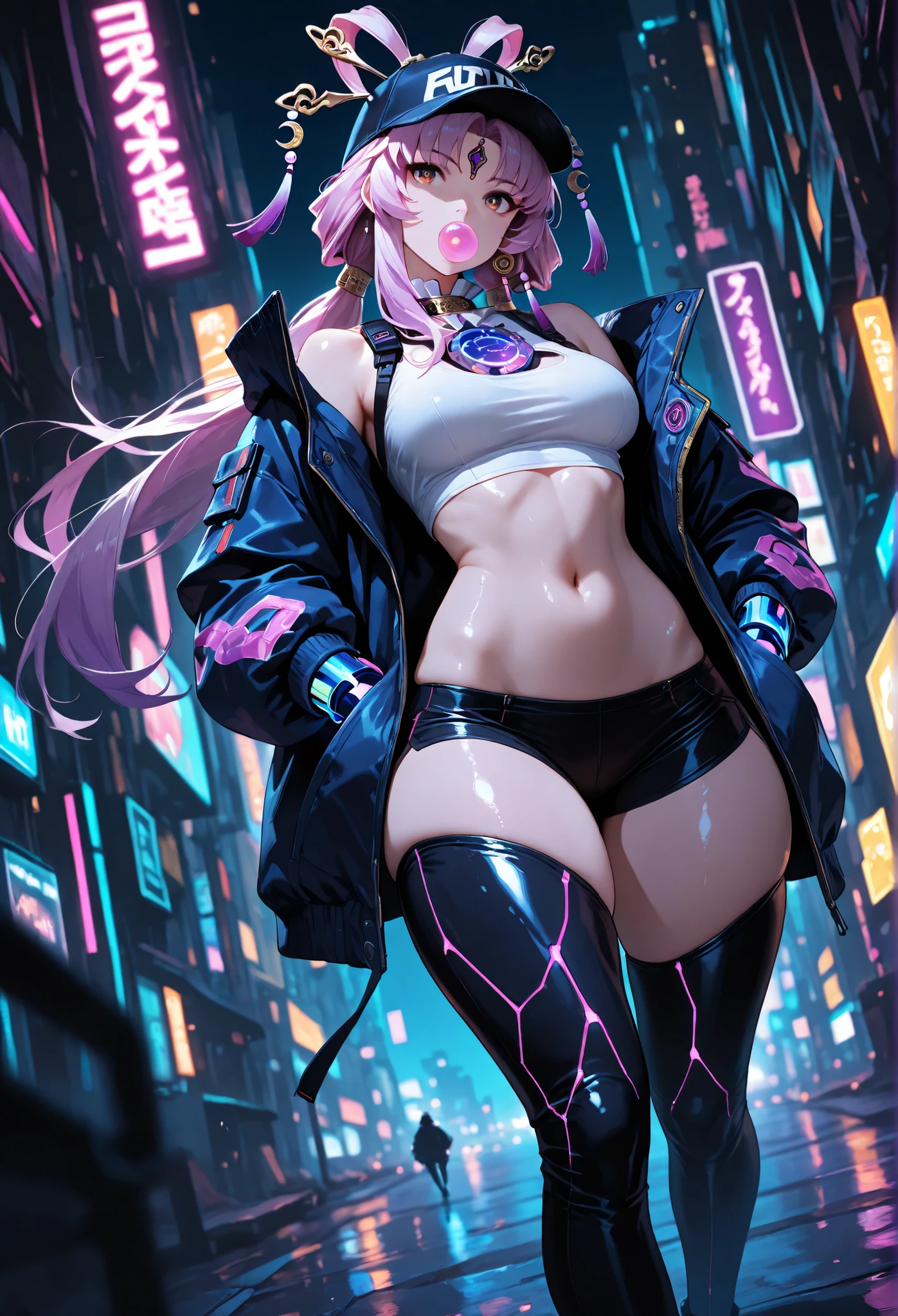 girl spacepunk,(((1girl))),((beautiful girl with cute cat ears)),

(small breasts, small boobs, small tits:1.4),perky breasts,((purple hair, purple messy hair ,colored inner hair,long hair:1.5,absurdly long unkempt hair:1.35,long black hair,ear breathing,intricate cut hair)),((((cat ears,cat ears on head,big cat ears)))),(((white_eyes:1.3))),intricate eyes,beautiful detailed eyes,symmetrical eyes,((fat)),(((lustrous skin:1.5,bright skin: 1.5,skin tanned,shiny skin,very shiny skin,shiny body,plastic glitter skin,exaggerated shiny skin,illuminated skin,wet legs))),(spider lower abdomen,narrow waist,wide hip,athletic body,inflated legs,detailed body,(detailed face)),

cute,slutty,seductive,erotic,(((nsfw))),

zettai ryouiki,revealing clothing,show skin,((((underboob)))),((cleavage)),(semi-naked,with little clothing,((tiny thong, armor thong intricate)),large sport socks,visible thong straps,no bra),((((crop top hoodie,cropped hoodie,hoodie,hoodie intricate)))),(((wet clothes,intricate outfit,intricate clothes))),

(dynamic pose:1.0),solo focus,embarrassed,(centered,scale to fit dimensions,Rule of thirds), pose focus on butt, focus on waist

cyberpunk city by the ocean at night, with bright neon signs and dark stormy clouds and puddles, scenery:1.25,nighttime, starry night, cosmos,

artistic photography,(photography taken by sldr),highres, sharp focus, (ultra detailed, extremely detailed), (photorealistic artwork:1.37),(extremely detailed CG unity 8k wallpaper),((synthwave background theme)),(((vibrant colors))),(intricate background),(masterpiece),(best quality),
