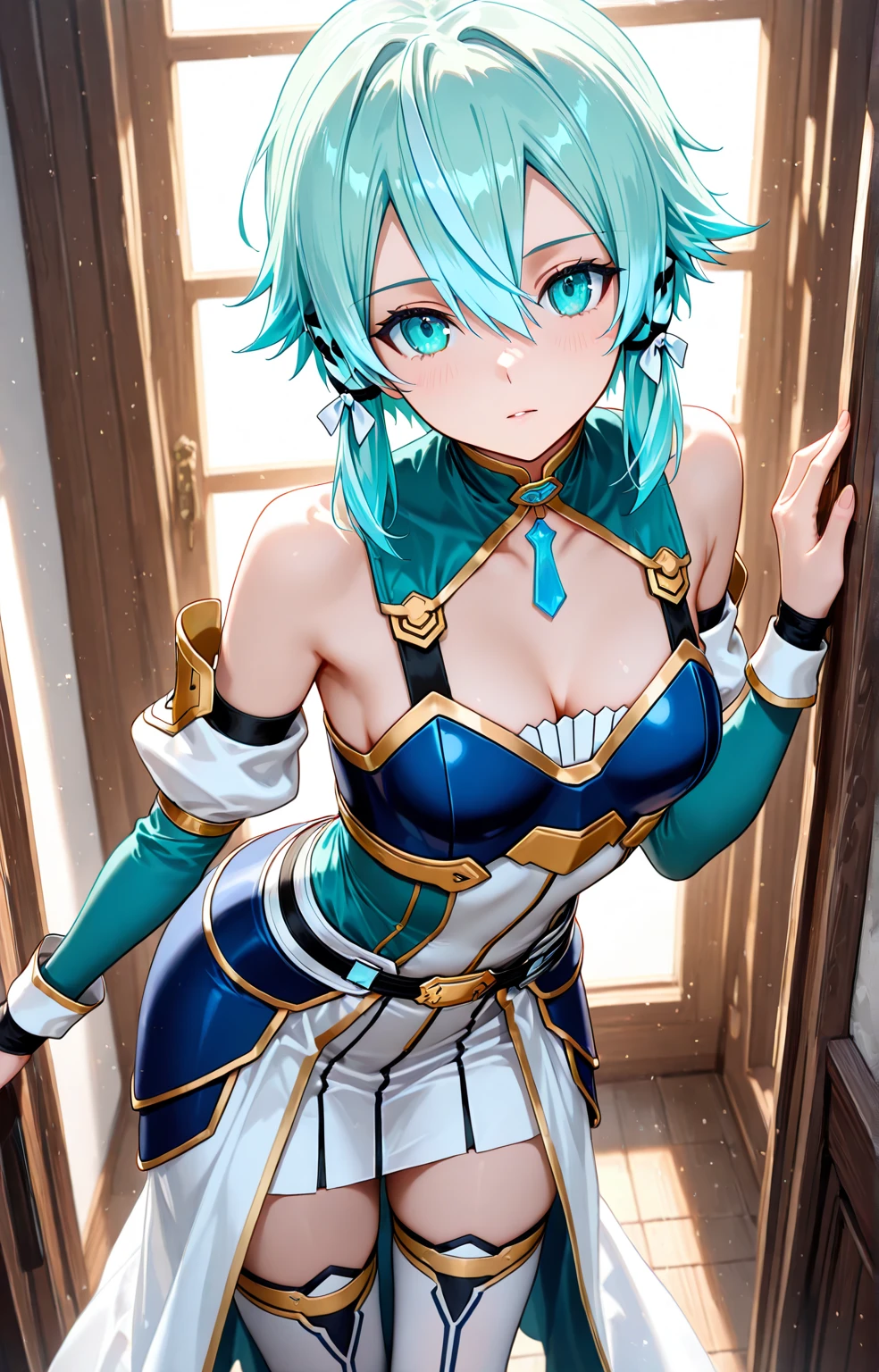 NSFW,masterpiece,Highest quality,High resolution,Super detailed,Sinon\(Sword Art Online\),armor,breastplate,Hand guard,leotard,skirt,gem, hair ornaments, Hair Clip,Embarrassed,Watery eye,smile,blush,Fantasy,inn,indoor,Leg spread