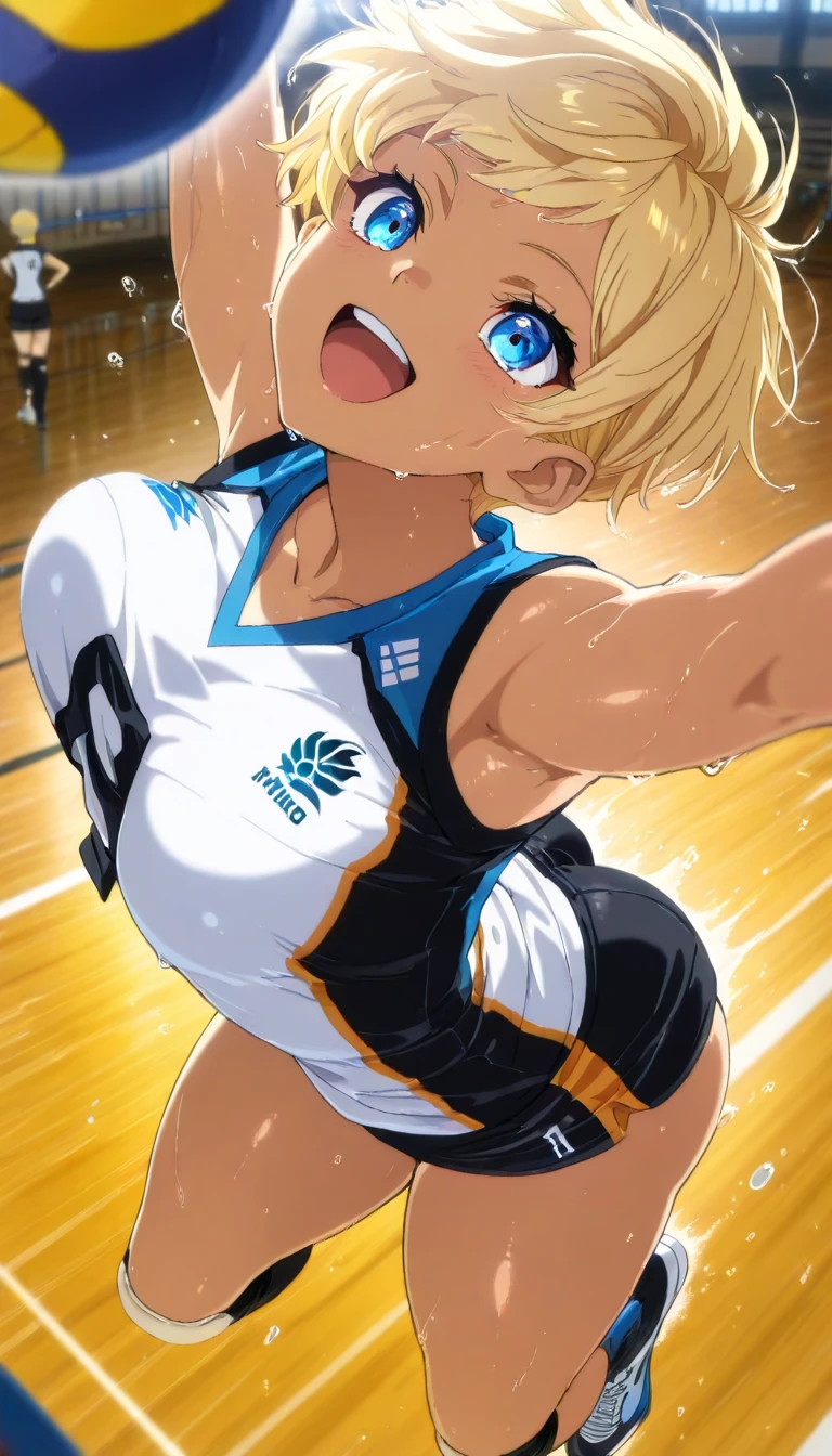 (((anime-style cute face))),(((One Girl、Kagamine Rin))),Highest quality, (Sharp details), (8k, RAW Photos, Highest quality, masterpiece), (extremely detailed 8k wallpaper),Professional Lighting,Sharp focus, Depth of written boundary、Ticker,(((Face close-up)))、(looking at the camera),((((very happy face))))、Very big eyes、anatomically correct body、Big thighs、Light from the front、The face is bright、Healthy beautiful breasts、Slightly muscular、((((Track and field uniforms are white and yellow))))、（The costume fits perfectly）、Cleavage、Nipples erect、（Hot pants are navy blue）、Shot from above、lure、Lots of sweat、Accentuate your body lines、