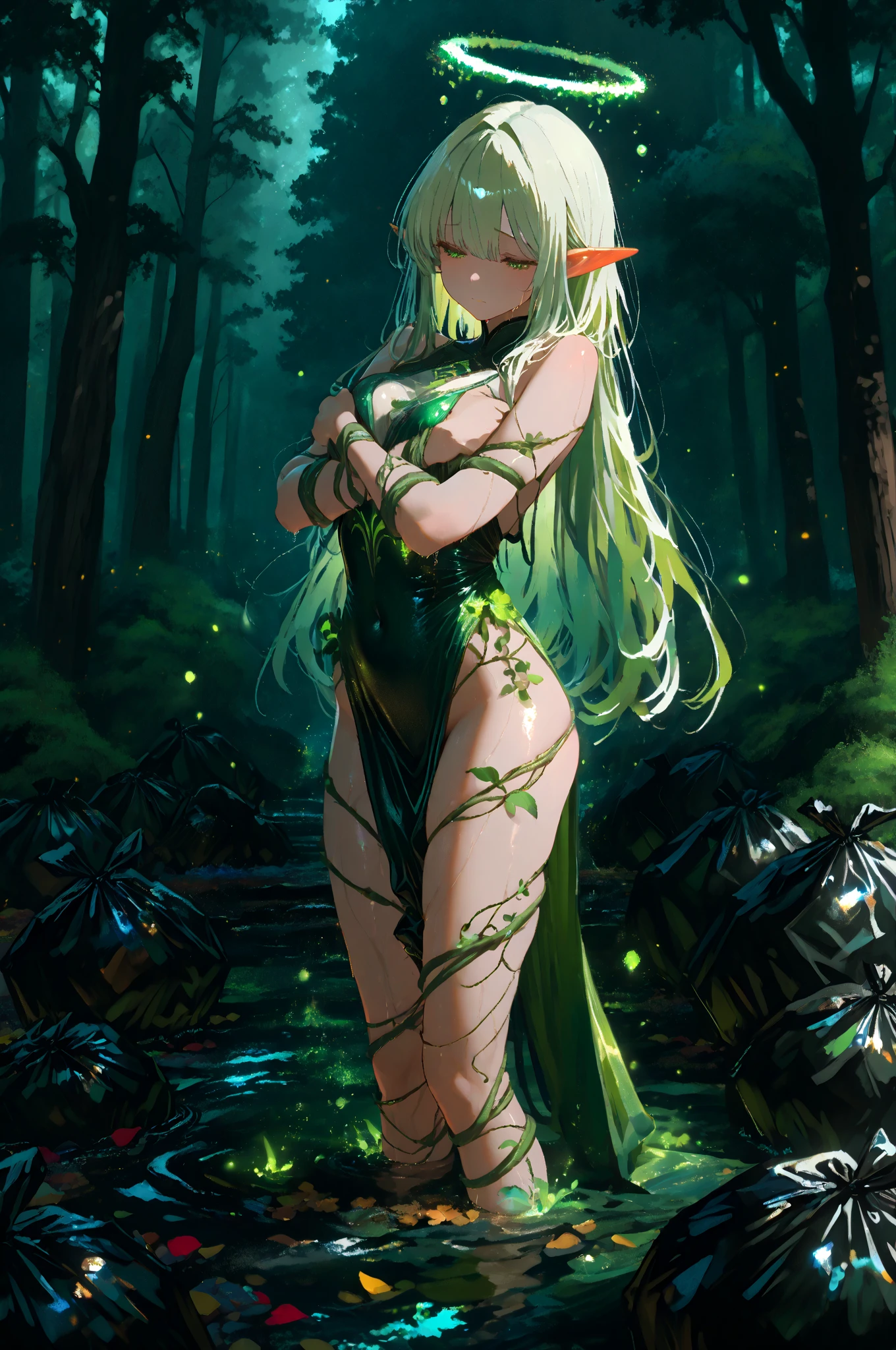 (depict girl surrounded by vines, long blond hair, straight hair), forest, small breasts, shy, (((bondage))), (((natural gag vines))), (bound with natural vines), (arms behind back), plants vines around chest), (Masterpiece, Excellent, complex details),  delicate girl, delicate face