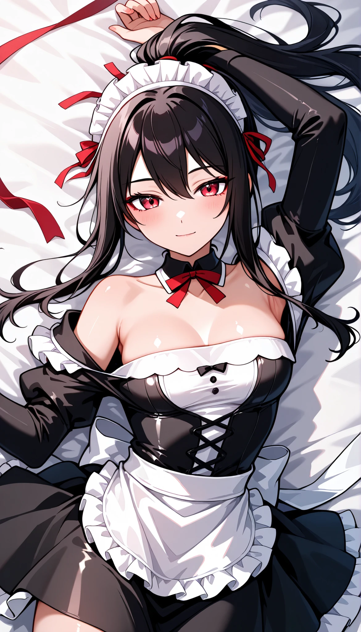 best quality, masterpiece, highres, solo, {shigure_azurlane:1.15}, animal_ears, long_hair, black_hair, red_eyes, breasts, wolf_ears, blush, ponytail, smile, fang, medium_breasts, bangs, open_mouth, tail, animal_ear_fluff, wolf_tail, nail_polish, collarbone, ribbon, 1girl, animal_hands, bow, gloves, simple_background, white_background, apron, bell, looking_at_viewer, neck_bell, paw_gloves, dress, holding, large_breasts, official_alternate_costume, alternate_costume, hair_bow, heart, marker_\(medium\), skin_fang, traditional_media, wolf_girl