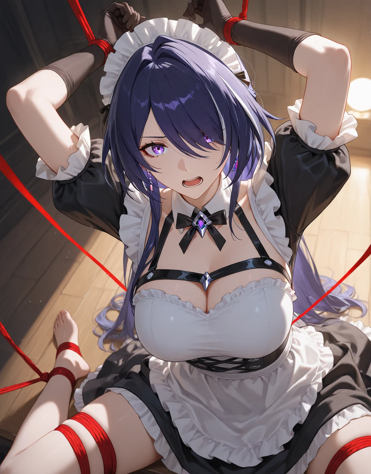 masterpiece, high quality, , Very detailed, 超high quality, 8K,
Ayane, Red Eye, Purple Hair, short hair, Removable sleeves, kimono, Purple knee socks, mini skirt, Black torn clothes 、Black ripped pantyhose、Dark church at night Sitting in a chair and being restrained sexy Intense Ecstasyの瞬間 mini skirtを履いている A large amount of clear mucus splashes out Put a black blindfold on both eyes Large amounts of clear fluid spurting from the genitals Thin legs Intense Ecstasy Big Breasts Multiple vibrators attached to genitals and breasts Slim figure Surrounded by many women、high quality CG Tone Dim lighting、Please open your mouth wide trembling、Lesbian、slimy、Lotion is used by many women、Wriggle your body、Clear fluid spurting from the genitals into the air、Torn black panties、scream、Turn your face back