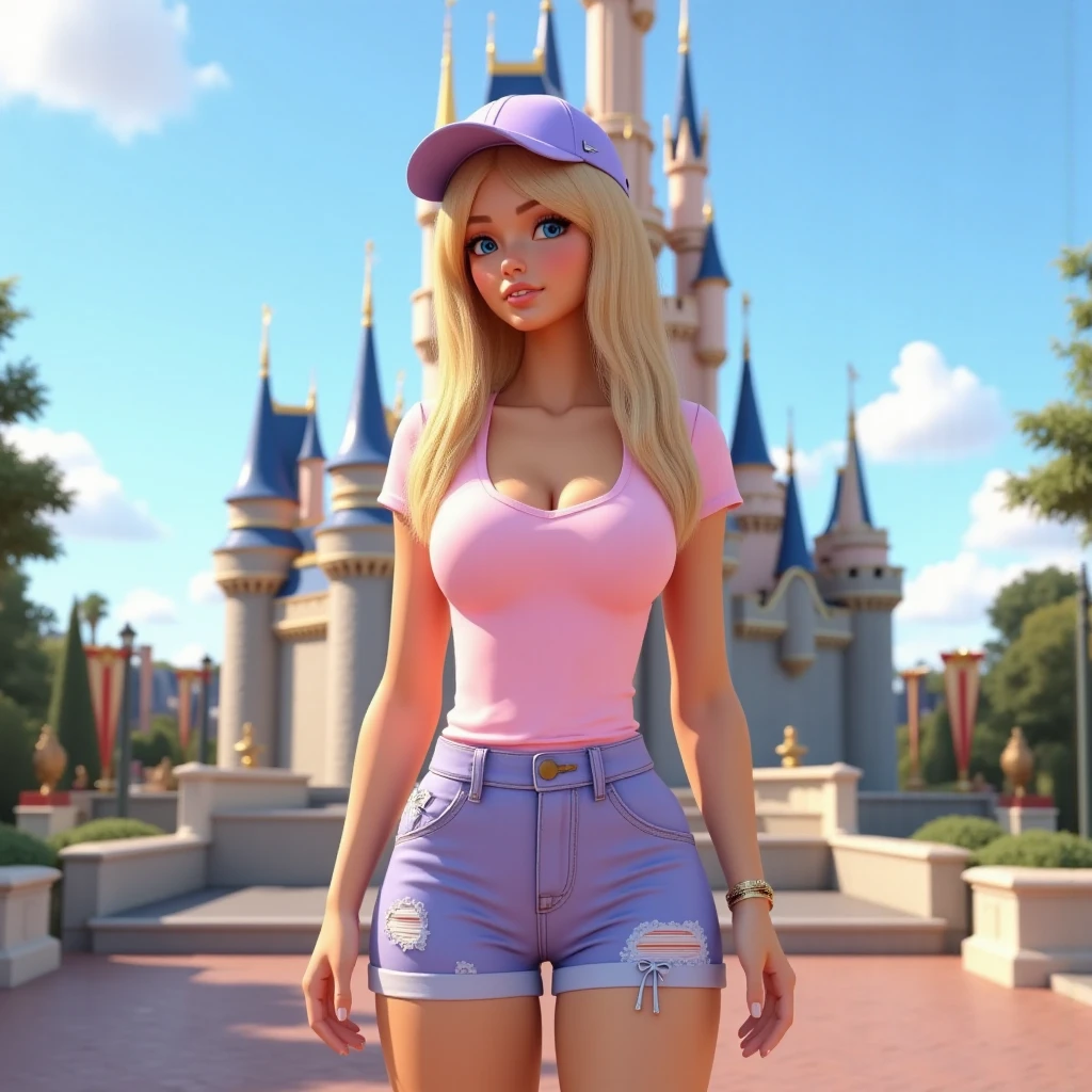 (masterpiece), (Best Quality), (extremely detailed), harley quinn, Very short blue dress White ?????, black headband, blond hair, Long white socks up to the legs, cute sitting pose with legs open, Her pink vagina will be seen and she will be looking at the viewer with a sensual and seductive face., in a flower garden, (pond), (((Disney castle in the background))), (blue sky), (sunny day), 3D. illustration, Good highlights, perfect proportions, dynamic, professional, awarded, (very detailed skin), (Very detailed face), photorealistic, HdR, ultra high resolution, absurdities, perfect body shape, Nice smile, big breasts, very big buttocks, Wide hips, very sexy,