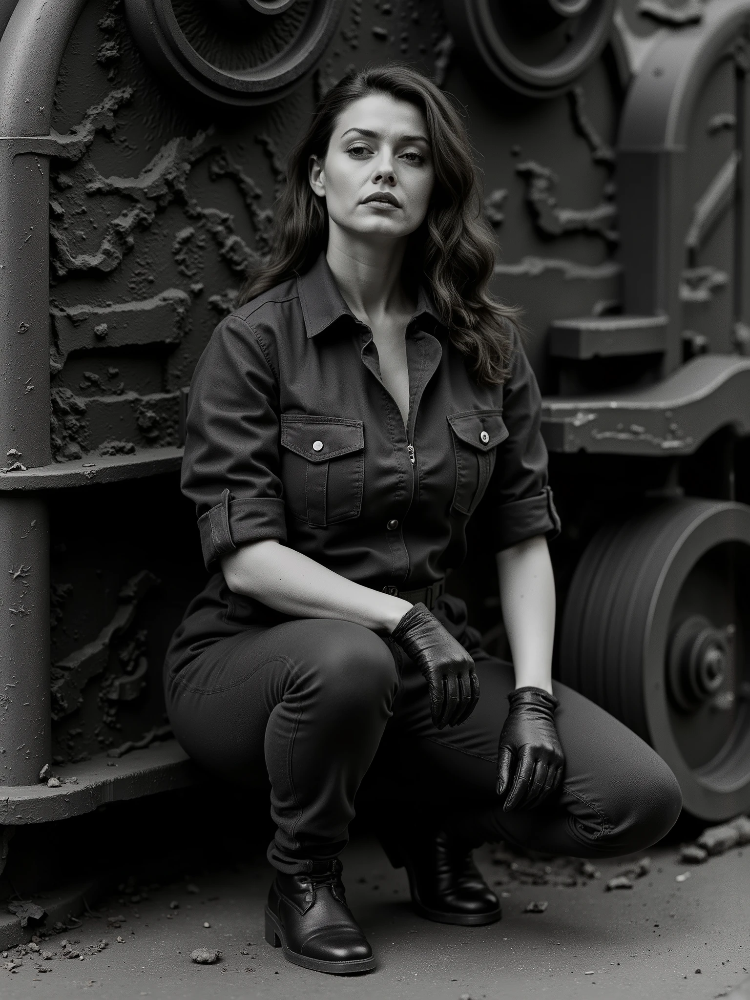 Ultra-realistic black-and-white image of a strong, confident female machine operator captured in the aesthetic of Ilford film. She poses in a high-fashion editorial style against a dark, industrial-inspired backdrop, wearing a tailored utility jumpsuit slightly unzipped at the collar, with sleeves rolled up to reveal clean, unmarked forearms. Her pose is assertive yet composed, kneeling beside a large, textured piece of heavy industrial machinery, with one gloved hand resting on a steel lever. The glossy sheen of her outfit and protective gear contrasts with the matte, grain-rich tones of the background. Her long hair is styled naturally, partially pulled back, and a few strands fall loosely, adding realism to the gritty yet elegant atmosphere. The lighting is dramatic and directional, casting high-contrast shadows that define the contours of her face and equipment, while fine film grain adds depth and vintage character. The image evokes the style of a 1980s Ilford HP5+ portrait — raw, timeless, and empowering — merging industrial labor with refined fashion-forward composition.