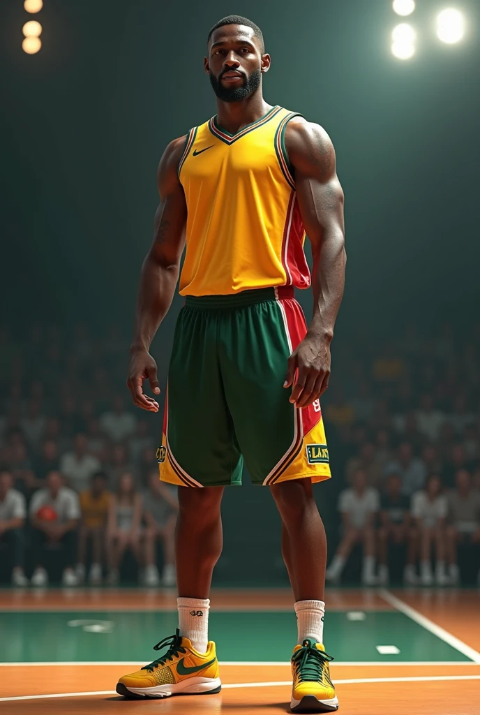 A young dark-skinned man, Thin without muscles, short wavy fur, prominent eyebrows, flirty smile wearing a volleyball uniform, Corinthians shirt with golden stripes, with the number 8 on his back, and that has the team's name "Guardians" on the shirt's abdomen, con short negro, knee pads and athletic shoes