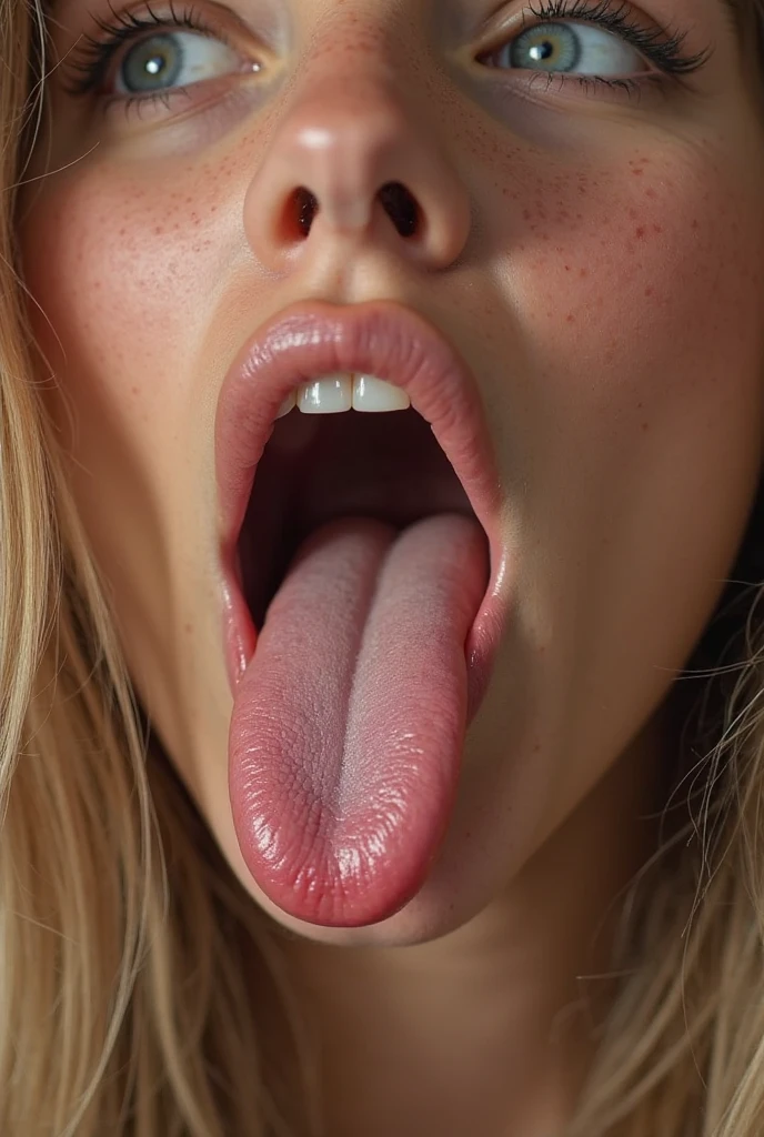 Close-up of a naked girl looking and sticking out her tongue. Her face looks like she's having an orgasm