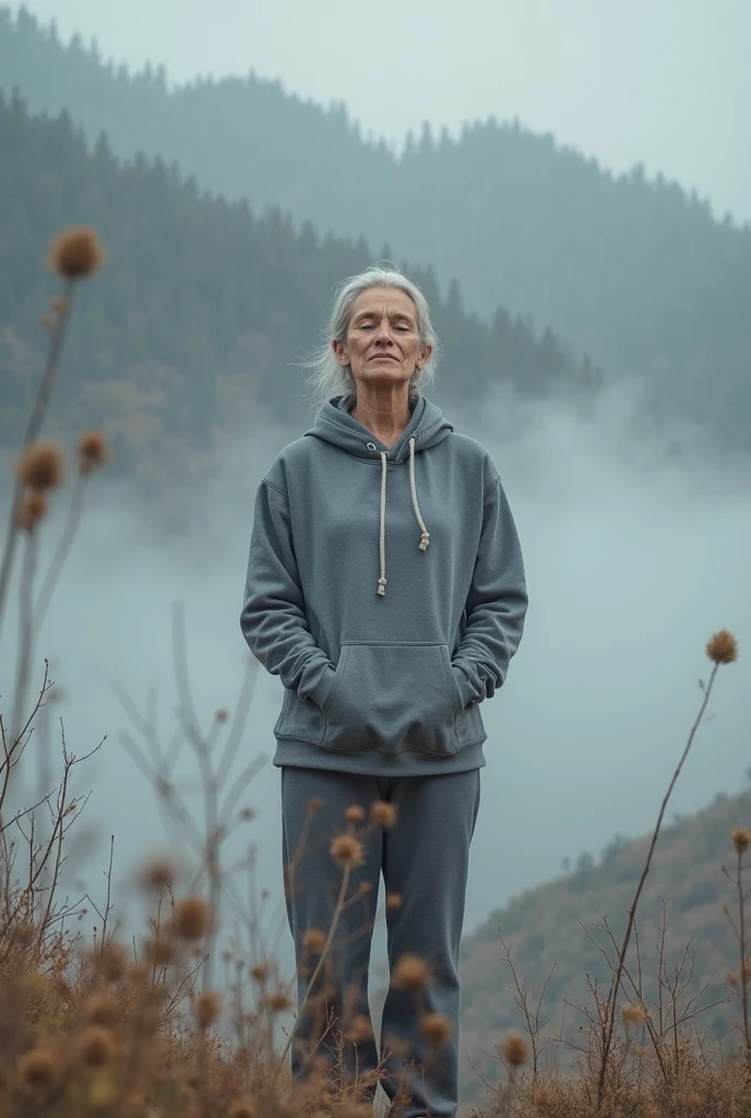 old woman with a long white hairs walk in mountain, she dress a white t shirt and sport mountain pants, she's tired, she's old woman, she  is serene, she's funny ,