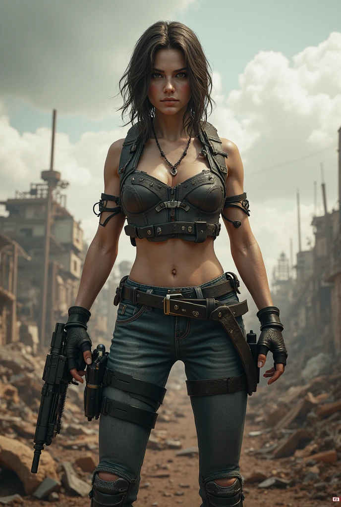 Detailed photo of a futuristic beautiful female warrior in a dystopian city, Tattered clothes with rusty metal armor, long and disheveled hair, Tattoos on the arm and body, Fashion pose, Blue eyes with round irises, Detailed face, Apocalyptic Environment, Natural body pose, Professional Photographer, Shooting with a professional SLR camera, Professional fantasy artist, Professional Rococo and Baroque Background Artist, Professional Art Station Artists