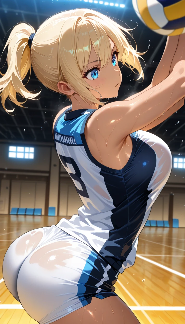 Prompt 

detailed illustration, (front view), (side view),dynamic angle, ultra-detailed, illustration, clean line art, shading, anime, detailed eyes, detailed face, beautiful face, dramatic lighting, detailed illustration, dynamic angle, ultra-detailed, illustration, single woman 

Fit, toned abs, ((volleyball shorts)), ((fundoshi breast wrap)), volleyball player, big round ass, big tits, caramel tan skin, dark skin tone, wide hips, narrow waist, thunder thighs, (blazing blonde hair), (glowing eyes), glowing sclera, muay thai wraps, small strong biceps, sweat, ((bandaged breasts))