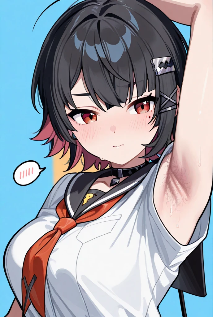 (highest quality), (Super detailed), (Best Illustration), (beautiful girl), (from below),Upper body,(Plain black t-shirt),(((underboob))), (big breasts), embarrassing, cheeks are red, bangs, Pigtails, dark brown hair, brown eyes, slightly droopy eyes,　white background,