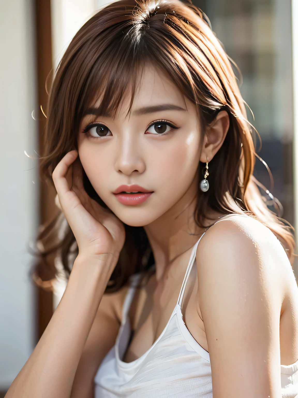 (((32k,very high resolution, high detail, very accurate,masterpiece girl1))),Raw photo & realistic atmosphere,beautiful dark blue eyes,detailed mouth,glossy lips,fine eyebrows,Soft white skin that shines in every detail,,detailed eyes、Very beautiful eyes with deep blue eyes,lip details、very beautiful face,very well-shaped face、Book-like face,glossy beautiful lips,beautiful eyebrows,infinite reality,best design,（16 year old girl from the extremely cute day book,healthy style,Beautifully shaped breasts,She is a very cute and beautiful girl,girl：1.5）,best natural makeup,Day Book Id,korean idol,Young sensual idols,Moist eyes,beautiful butt,beautiful feet,,camel&#39;s foot,My fingers５Book,long slender legs：1.3),超A high resolution、,natural and realistic face,,Her pure eyes are too cute,(((photorealism))),reality live action,（Fashionable earrings,,necklace,bracelet,gyuru,shiny nail art：1.6）,（Sexy underwear with detailed design,slit skirt,Friendly 16 year old high school girl  girl,light brown hair,shortcut,solo,Natural makeup that almost looks like no makeup：1.7）（Take a photo of the upper body,from directly above, Photographed from the sky A face waiting for someone to approach you and kiss you,A luxurious moment,make sure to close your eyes,Young and beautiful face,A spoiled 16 year old high school girl,：1.8）,pitch black room,A thin light shines on the upper body