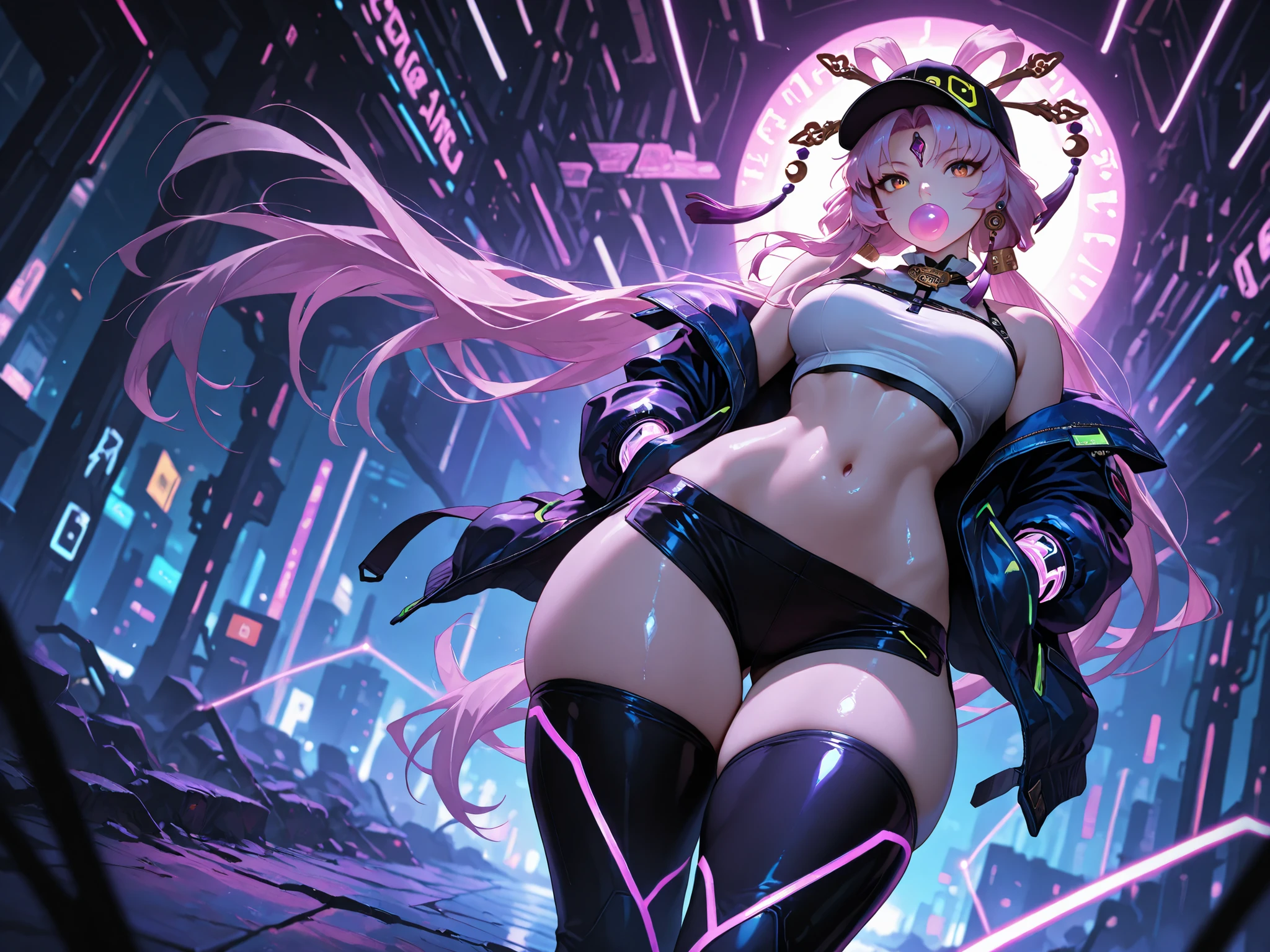 NSFW,Big perfect breasts ((Space Punk Girl)),(((1 girl))),((beautiful Girl)), ((Saggy breasts)), ((Gray Hair, Dirty black hair, Inner hair color)), Long Hair , Amazingly long and voluminous hair, ((intricately cut hair)), (((Neon pink eyes: 1.4))), beautiful detailed eyes, Very sexy body, )) )) Flowing Cyberpunk Skirt, Revealing clothing, Show some skin, ((((Well good)))),((top less))(((Cyberpunk Clothing, Complex clothing, Complex clothing))) (((Light Skin: 1, 5, Sunburned skin, Glowing Skin) )), ((Firm Abdomen)), Wide Hips, Moving objects, Sexy Legs, Detailed body, ((Detailed face)), (Graffiti on clothes), (Half naked, dress up a little, barefoot) ((Sexy pose)), alone, Embarrassing, High resolution, Sharp focus, (Very detailedな, Very detailed), (Perfect art) (Very detailed), (((Bright colors))), (Background Complex), (Tabletop), (Highest quality), Synthwave Neon Colors, (((beautiful, Conclusion, attractive, erotic))), (((Browsing Caution))), Cyberpunk seaside town at night, Puddle with bright and dark storm clouds and neon sign, scenery: 1 , 30,