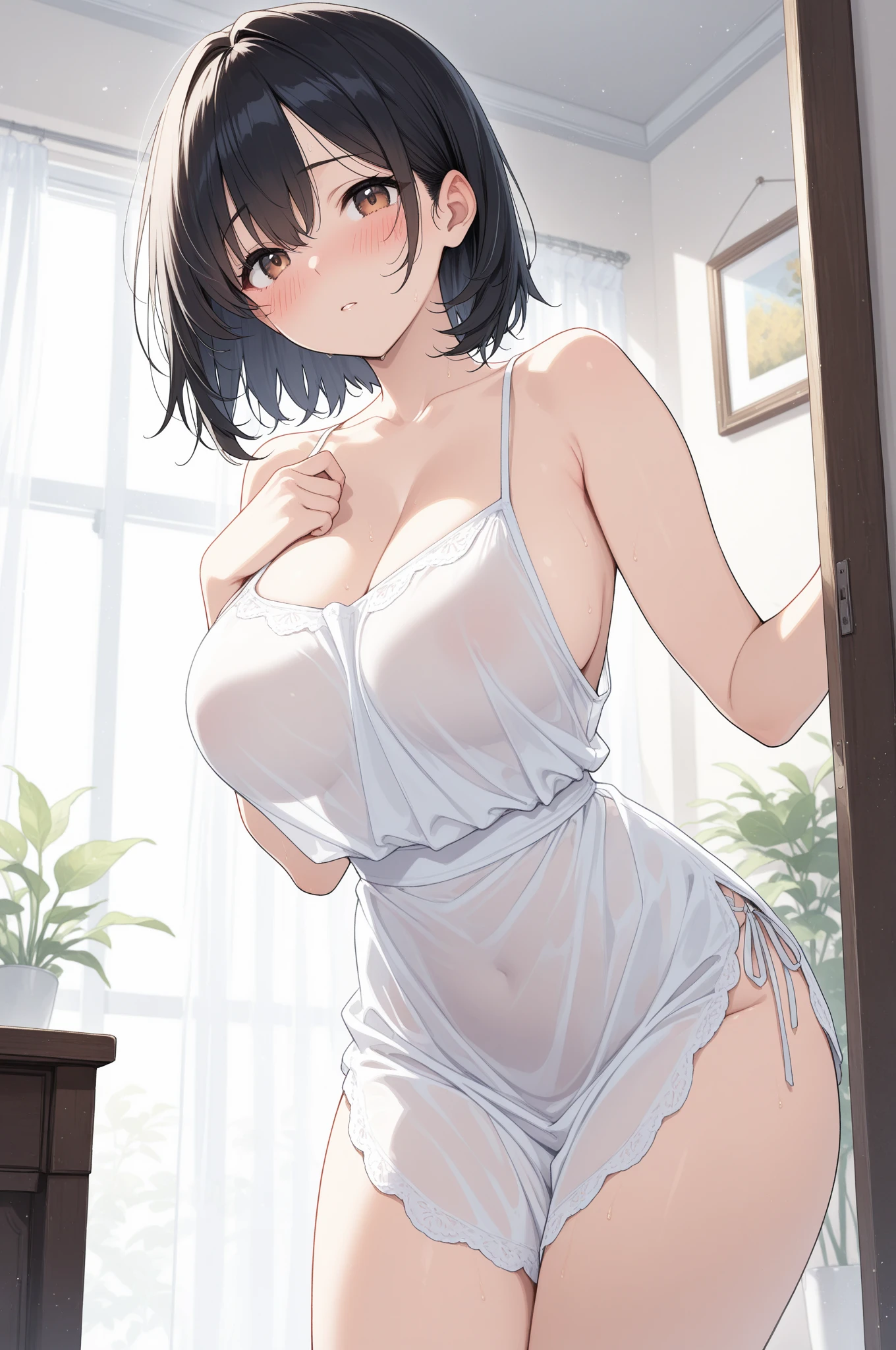 (masterpiece, 最high quality, 超High resolution, Very detailed), (Realistic:1.1, photoRealistic:1.4), Perfect illustration, Perfect lighting,Hair in perfect detail, Perfect and detailed face, Perfect collarbone, Perfect body,Juicy breasts, Perfect Thighs, Beautiful feet, View your viewers, 1 Girl,Perfect Face, (Perfect Anatomy, Anatomically correct), Symmetrical face、((Shiny Hair)),Sexy Body、(masterpiece),(最high quality：1.3),8k,Very clear,(Ultra-realistic),,Captivating woman,(high quality, High resolution, Fine details), Realisticなスタイルの女性,Juicy breasts、One perfect woman、Perfect Face、Symmetrical face、Baby Face、((Big Boobs))、(Cleavage)、blush、((Juicy lips))、Cowboy Shot、(((Short black hair)))、((Large, double-set black eyes、Long eyelashes))、(((White T-shirt with a stretched neck)))、((Twisted neck))、((A wrinkled white T-shirt))、((On all fours))、(indoor、On the bed in the bedroom)