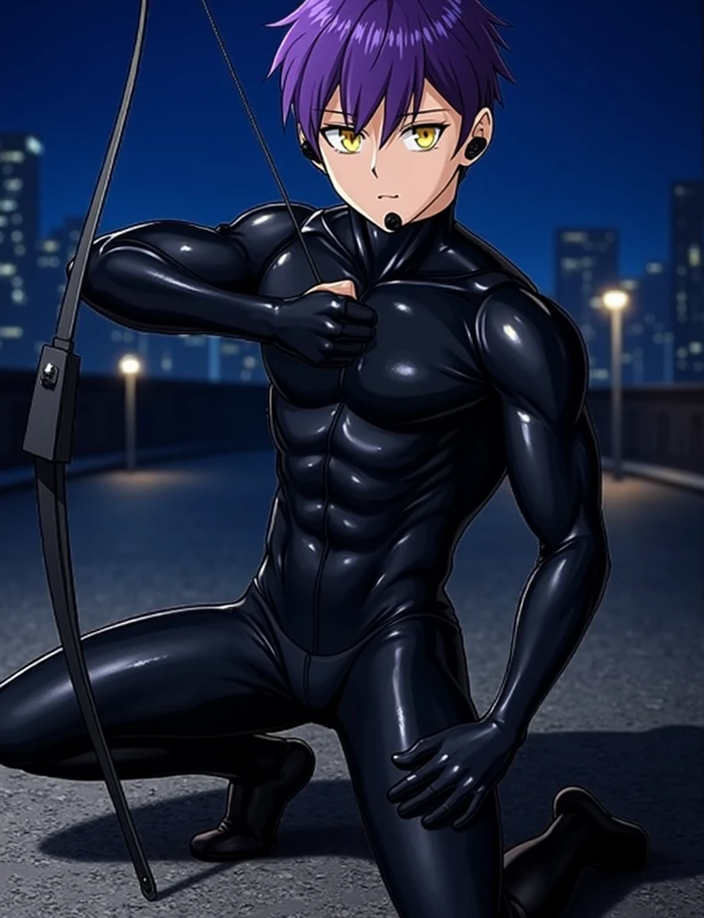 Kingdom hearts、((sky))、Arms behind back、Yellow glowing eyes、sweating、Black drip、(A young boy is restrained and has a large erection、Kneeling with the crotch open、Mouth gag、first round)、?????、Brown Hair、cute、Spiky hair、Are crying、Looks disgusting、((A tight-fitting rubber suit、))Night cityscape、Back Alley、sexy、from the front