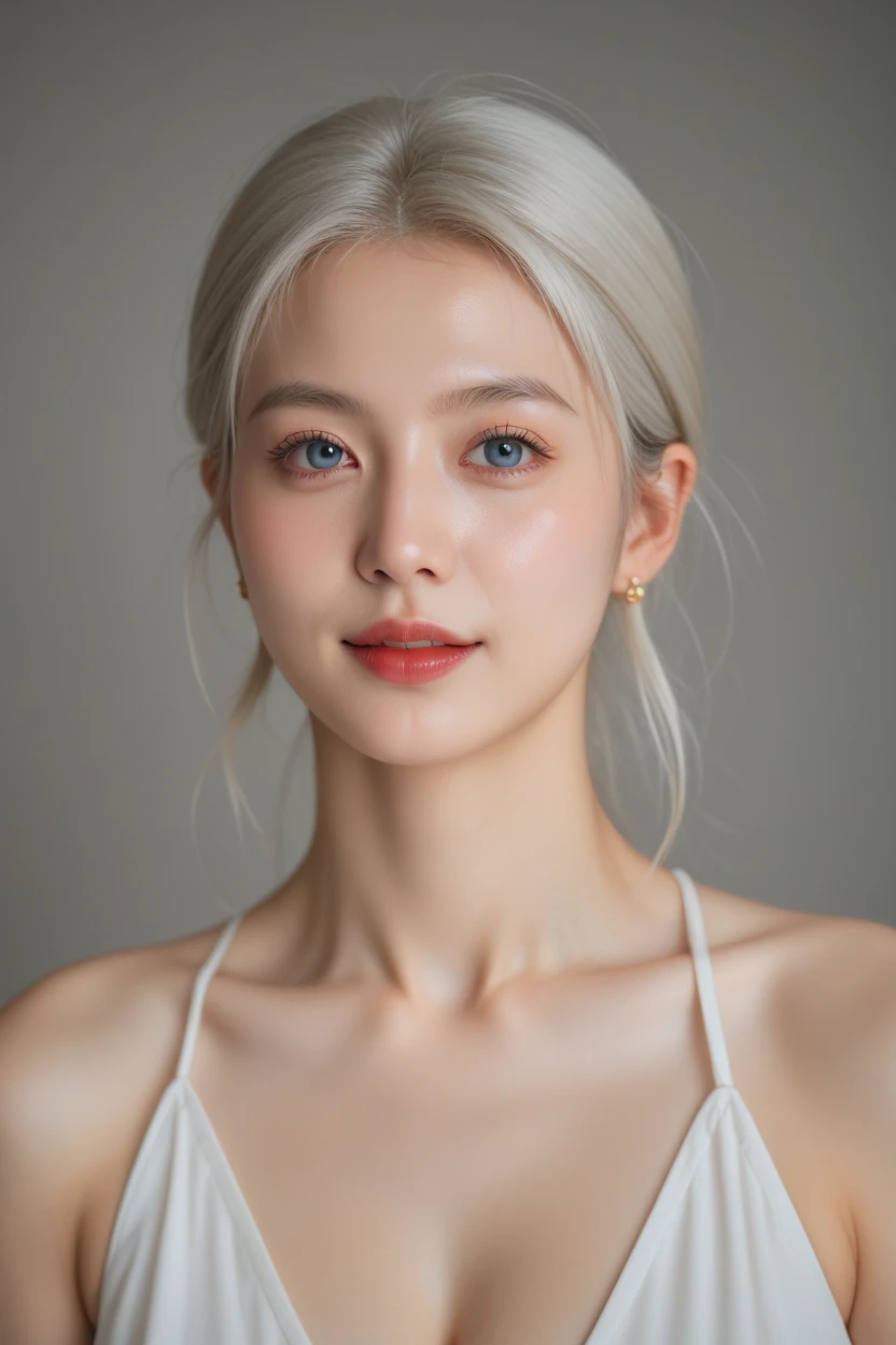 White Background、Professional Lighting、(((Professional Lighting 1.5)))、Translucent skin texture、Beautiful Skin、Beautiful Skin、、(((Whitening 1.5)))、、、音符のEcstasy、((Nude 1.5))、、Mid-shot photo、Simple earrings and necklace、((white hair))、Tie your hair up、sex appeal、Sex Appeal、Ecstasy、(((Naked with hands clasped above head 1.5))、