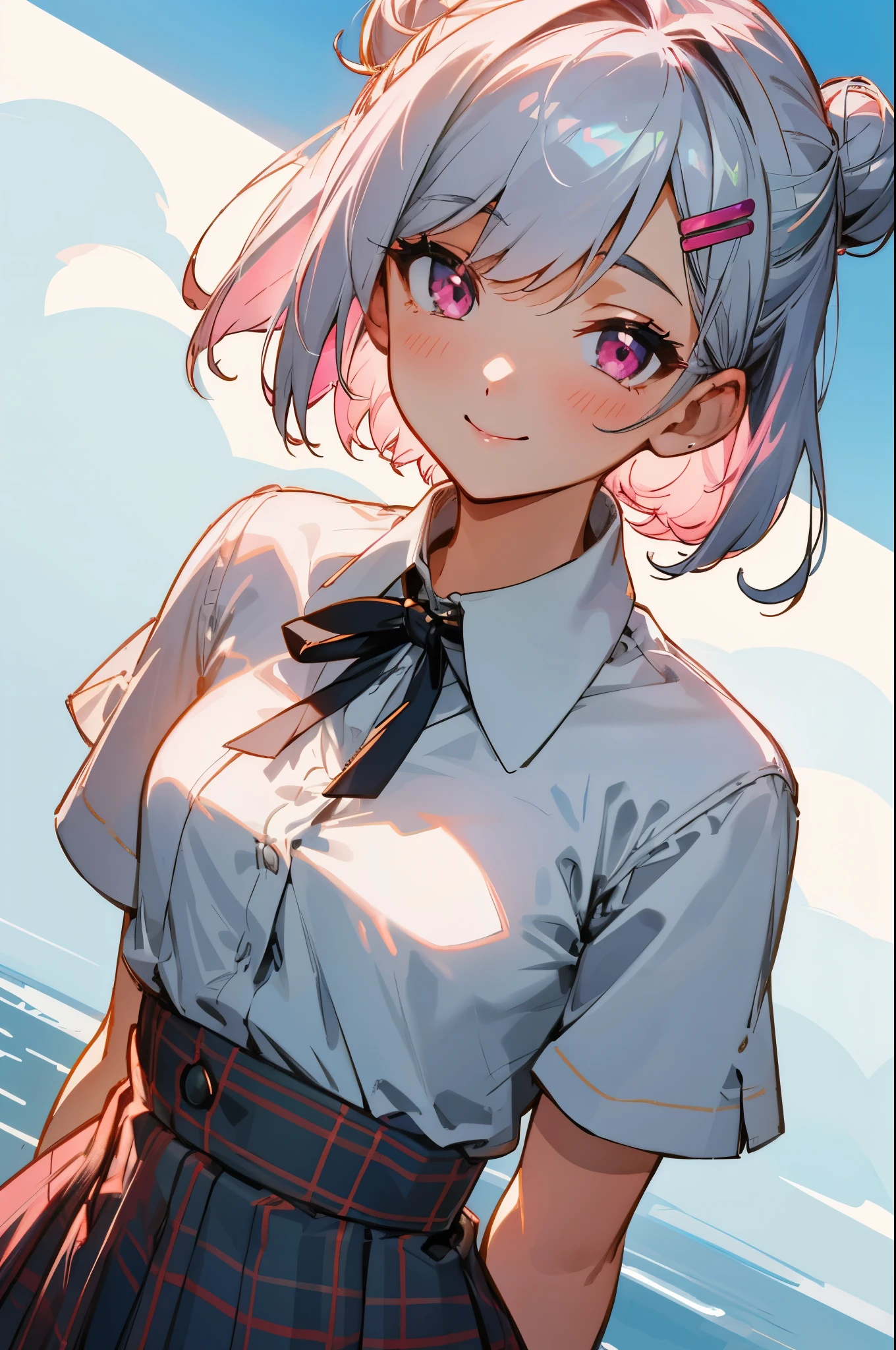 one woman、solo、silver bob short hair、bun hair with hair clip、pink eyes、small breasts、white blouse shirt、Plaid Skirt、upper body、from above、is staring at the viewer、is smiling、the mouth is wide、Country Style Village、(80mm portrait lens、F1.8、Shot at ISO 100)、RAW pictures、cinematic lighting:1.3