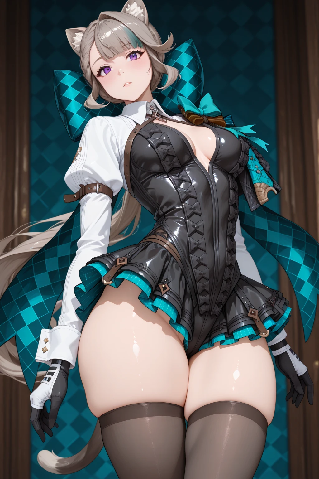 (((masterpiece))), ((highest quality)), (Very detailed), ((High resolution)), ((8k)), One Woman, Big Breasts, Brunette color hair, Double up braid, Long Hair, Long Hairと短髪, Very cute woman, delicate, Charming smile, Green Eyes, Bright Eyes, Best moment, Vivid eyes, cute, Beautiful Skin, cute顔, delicateな腕, Detailed skin texture, Intricate details, Very detailedな顔, Beautiful Eyes, Thighs, Waistline, Looking up, Casino Venue, Near the slot, ((Bunny girl)), ((Leather thigh-high boots)), (garter belt), (Fake rabbit ears head dress),