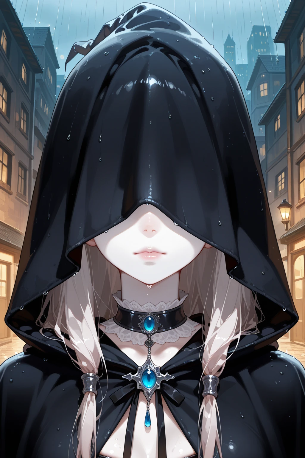 anime girl in black cape and hood holding a chain, dark fantasy style art, non-style artwork by guweiz, Dark fantasy portrait, painted in the style arcane, Dark Fantasy Illustration, fanart best art station, alexandra fomina artstation, BLACK VEIL, translucent blind mask, full body, 2b outfit, 2b nier dress, nier outfit