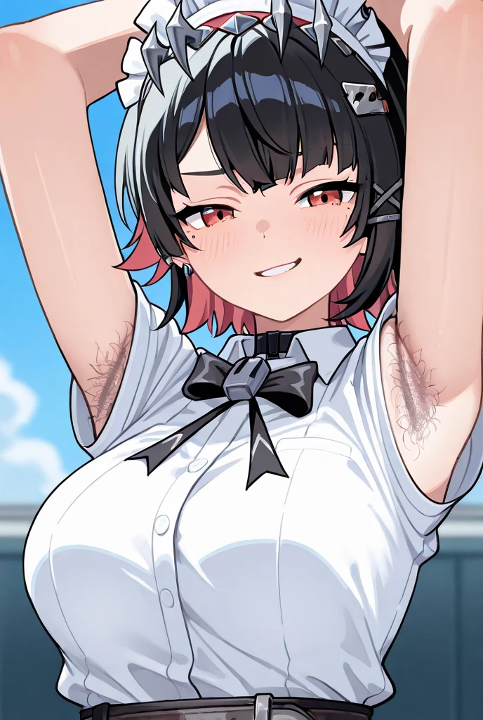 nsfw, shinkai makoto, Kimi No Na Wa., One girl,15yo, bangs, Black Hair, blush, Brown eyes, Glowing Skin, Red headband, Red ribbon, Glossy skin, Red Bow, Exposing shoulders, Black knee socks, short hair, smile, Small breasts, (Nipples are visible), Down blouse, Open your mouth, cute, alone, Happy, hair ornaments, Bunny ears, Playboy Bunny, Pink leotard, Detachable collar, Looking at the audience, Pink Background, Simple Background, Upper Body,  Fishnet tights, Uplifting, Dynamic Angles, Super energetic, Alluring, heart, Break dance