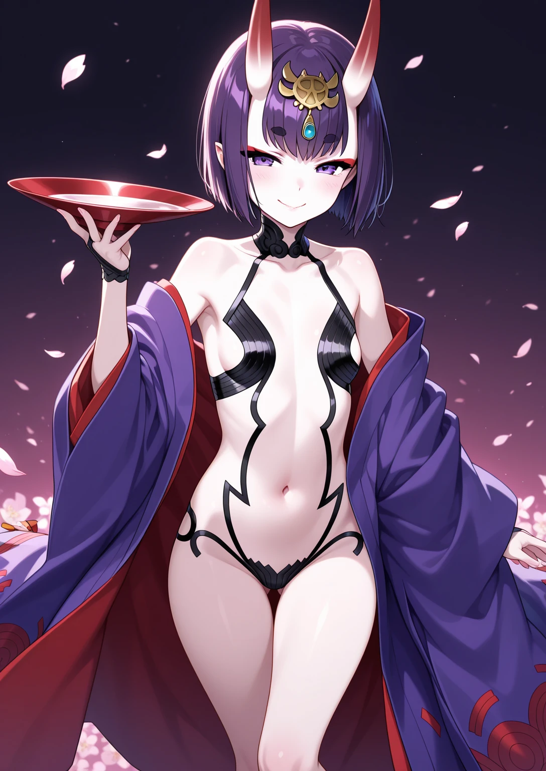 shuten douji,(Absurd, 8K, 4K, Tabletop, Extremely detailed:1.2), Highest quality, Perfect Anatomy,Perfect Face,Browsing Caution,Young girl,Purple eyes,Look forward,short hair,Purple Hair,(Devil horns:1.1),(Very flat chest:1.3),in the forest,cherry blossoms,shrine, Twin tails, Miko costume