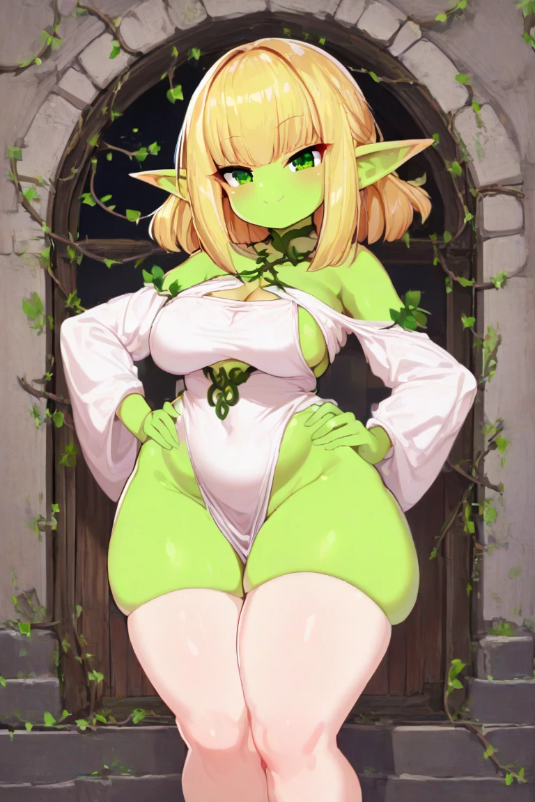 ((1 elf woman)),((torn green blouse))),((huge breasts, bare breasts, naked pussy)),((yellow hair)),((green eyes, hopeless face)),(( standing,In a haunted forest, during the night)),((1 arm behind the back)),