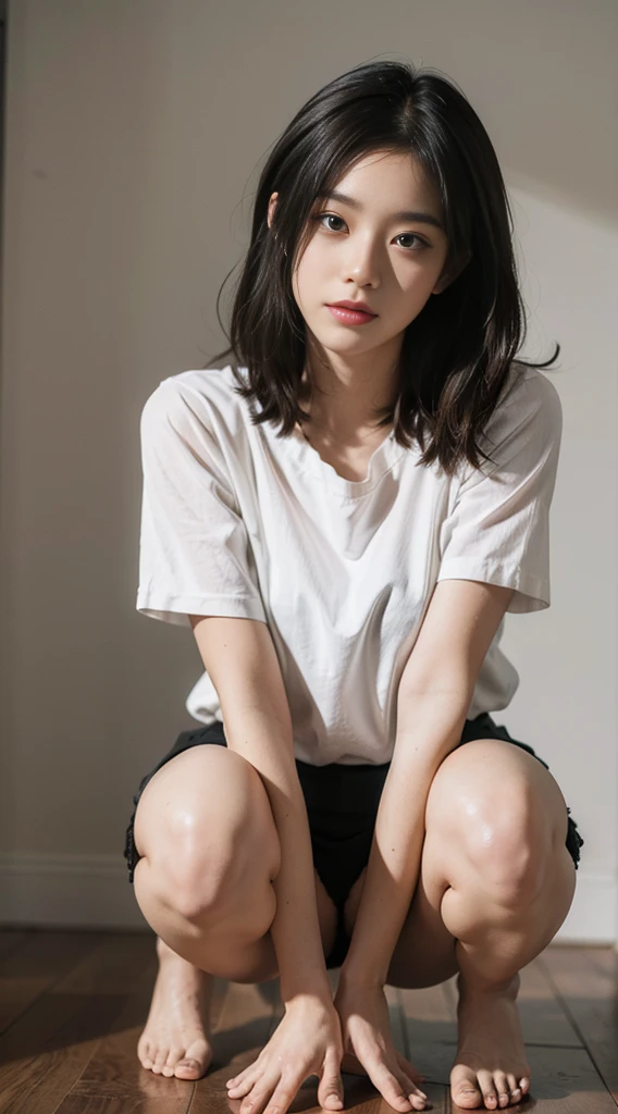 (Best quality, 8k, 32k, Masterpiece, UHD:1.2),Photo of Pretty Japanese woman, short hair,squatting,white open shirt, simple background,