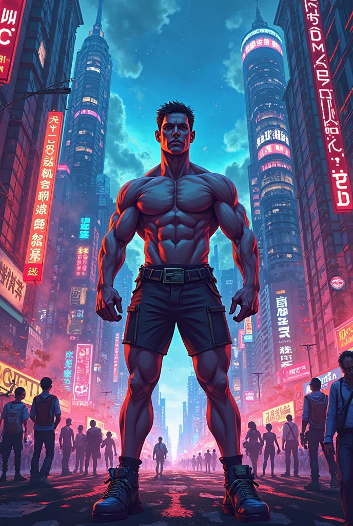 landscape, neon, 1boy, best quality, mature male, muscular male, (bala chunky: 1.5), bala daddy, thick arms, thick legs, sweatpants, full body, fat, realistic photo, masterpiece, naked upper body, male, shorts, short hair, strong, (pectoralis major: 0.7), tough guy, giant root, (bare upper body: 1.2), smile, look forward, masterpiece, best quality, 8k, original photo, night, street, (buildings, hong kong, siege of Kowloon, Humidity:1.2), Asian Shopping District, (Clear Focus, Wide Lens, Dark Background:1.8), Rain, Fog, (Perspective, Depth of Field, Bleaching bypass:1.4), Realistic, High resolution, Ultra detail, Film lighting, Film grain, Chromatic aberration