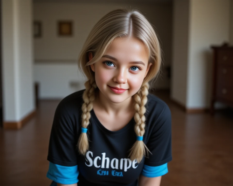 blue colored eyes,10-year-old, rusa, ssmile, whole body, twintails high bob dark blonde hair fringe, black jumpsuit, body preto, from front view
