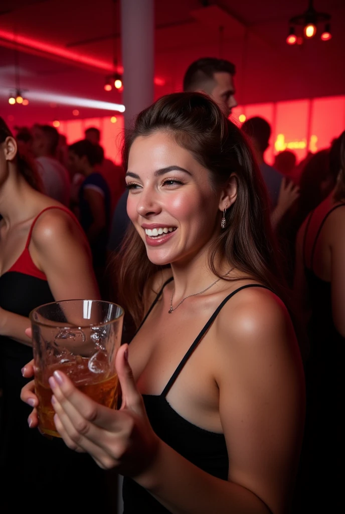 Full length portrait of a beautiful 24 year old blonde woman, lolalove, wearing a radiant red dress with front knot, she dances in a crowded nightclub, colorful neon lights, 85mm canon lens, night , realistic portrait, Very detailed, analogue style, deep cleavage, in a mirror, sexy pose, big breasts, nerdy glasses, laughing out loud