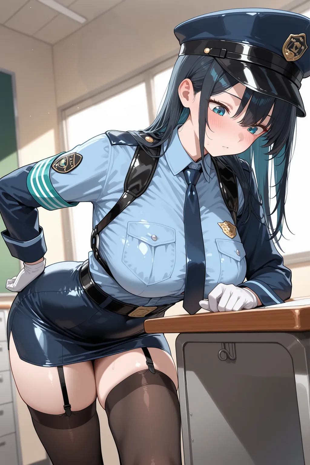 One Woman、Braided twin tails、Huge breasts、（Huge breasts：1.8)、Glasses、blue eyes、Green Hair、My hair is messy, Black gloves, White socks, Police uniform, Black Skirt, Short sleeve, Cowboy Shot, salute, Put your hands on your hips,smile,close your eyes, Tears in the eyes、Open your mouth, What saliva leaves behind, Wet skirt hem, Sticky panties, Bulging of the vibrator cord, Vibrator with Garters, Subway car interior background, In a crowded crowd,
