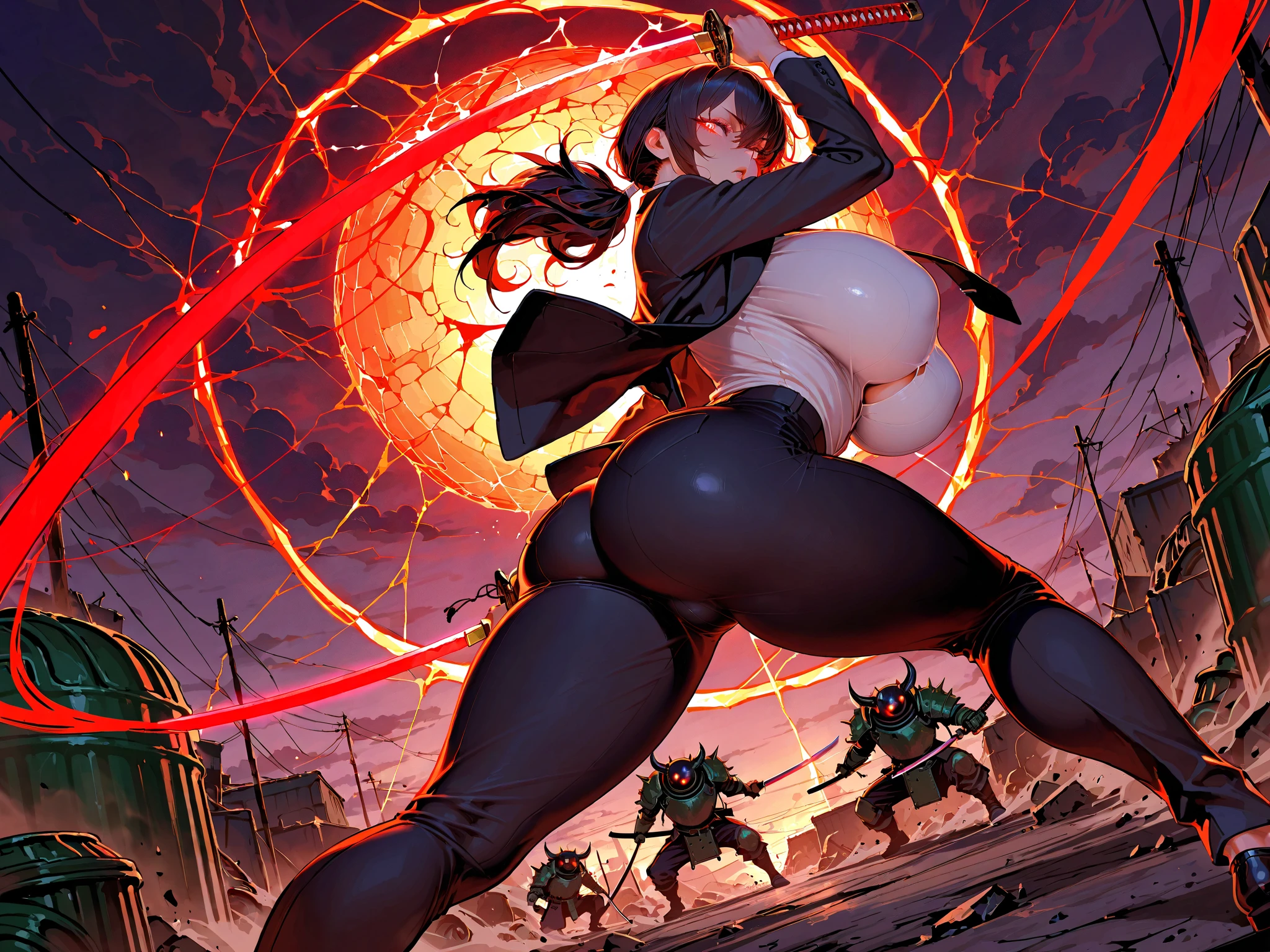 (Anime Line Art) A sexy Sith Warlord (alien, big breasts, no hair many small horns instead, blood red eyes, deep red almost black skin, many fierce orange body tattoos, small fighting costume, looks unhinged, wielding a red light saber) is dueling with a Jedi woman (big butt, small breasts, sailor school outfit with scifi gadgets, short hair, big eyes, calm and composed, masterfully deflecting the sith attacker), set in a sci-fi high technology building