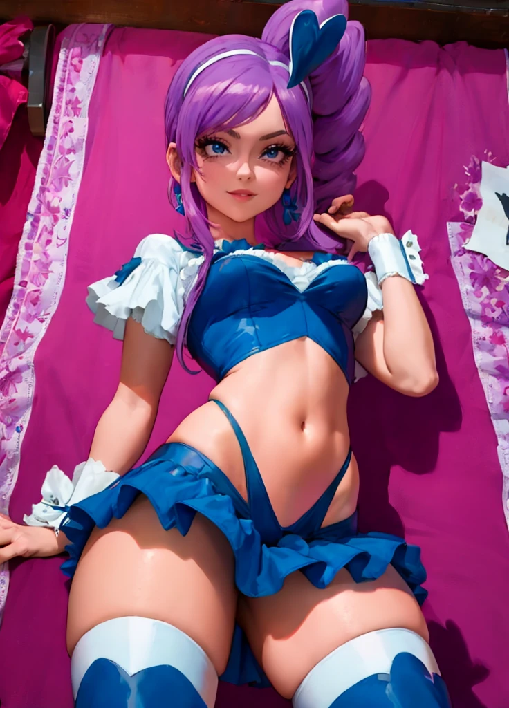 (1girl, solo, masterpiece, 4k, best quality:1.2, ((cowboy shot)), best quality:1.2, NICE HANDS, COLORFUL, (perfect hands, perfect anatomy)),
mihoshi, long hair, blue hair, cabbie hat, purple peacoat, long sleeves,
kirara, twintails, pink hair, hair ornament, white tube top, cleavage, frills, midriff, white shorts, short shorts, white overskirt, white thighhighs, white gloves, star on stomach,
((medium breasts, big hips, looking at the viewer)), (ARMS UP, HANDS BEHIND HEAD),
((simple background, white background)), sexy toon,
<lora:GoodHands-vanilla:0.7>