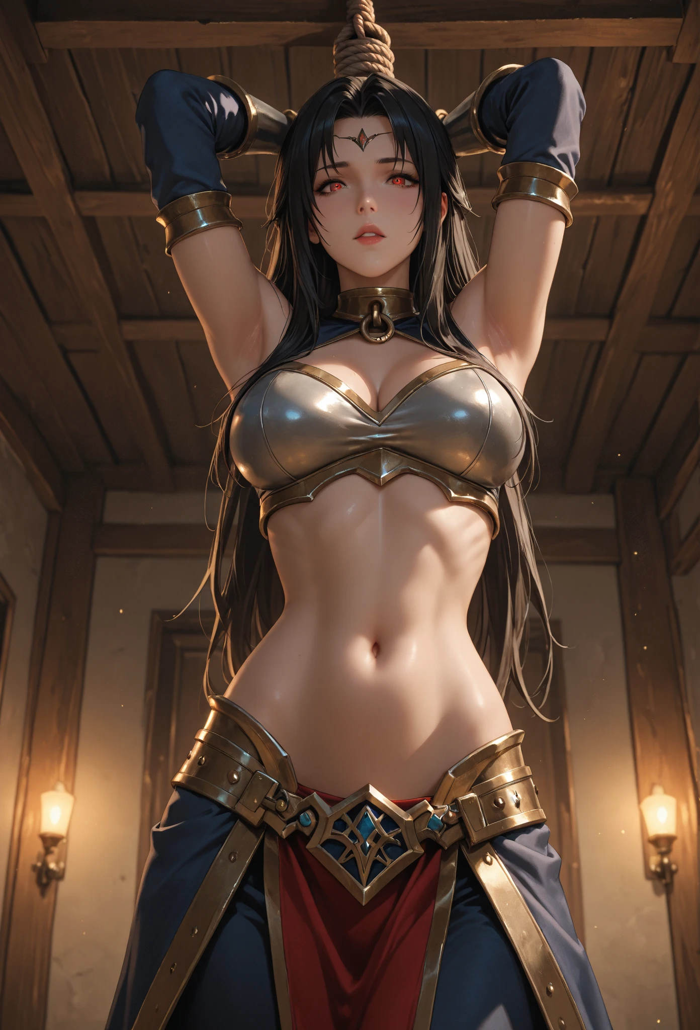 ((Unreal Engine 5)), Realistic Rendering, Excellent, Full armor, knight Cloak, helm, (Yoga hotpants), looking on camera, standing on studio, beautiful face, makeup, CGImix, (photorealism:1.2), ultrarealistic uhd face, (huge fake boobs:1.4), (gigantic breasts:1.1), (muscle abs), (big butt), (wide hips), (thick thighs), slim waist, hourglass figure, half body, ((glowing skin)), ((shiny skin)), Realistic body, ((she is sexy body)), ((clean skin)), photorealistic, bokeh, motion blur, masterpiece, highres, 1080P, super detail, textured skin.