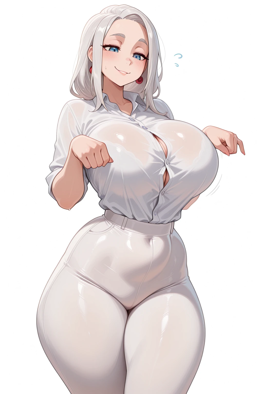A dairy cow girl with white hair, a good figure, sexy, her breasts are very plump. and has big hips Wear tight t-shirts and shorts.