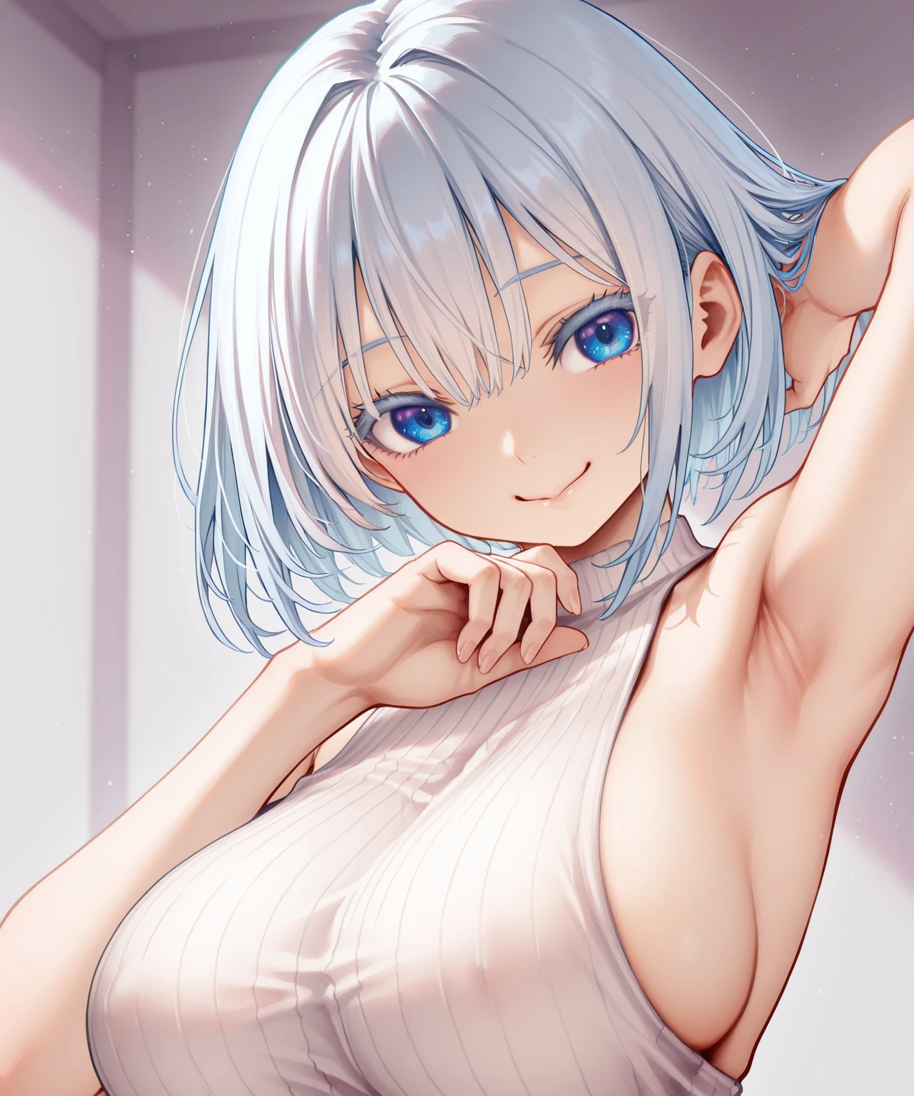 NSFW, white hair, blue eyes, medium straight hair, medium breasts, solo, half-naked, selfie, seductive, KyoAni