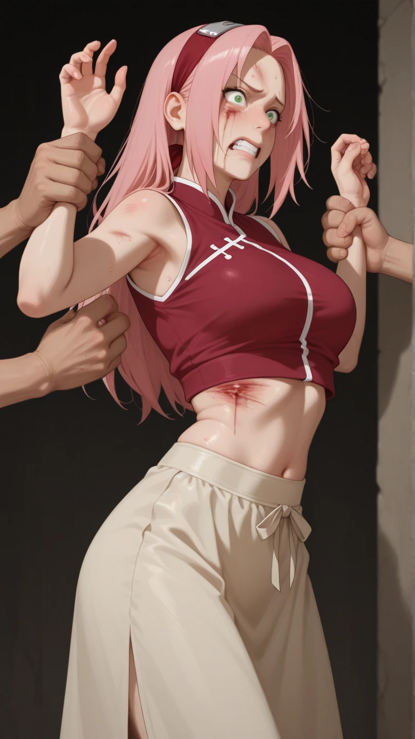 masterpiece, best quality, absurdres, 1girl, beautiful face, realistic eyes, <lora:busttape:0.8>, busttape, tape measure, arms up, arms behind head, looking at viewer, pov, pov hands, medium breasts, <lora:Sakura[Boruto]V2:0.6>, haruno sakura, side bangs, forehead mark, pink medium hair, green eyes, red sleeveless dress, navel, upper body
