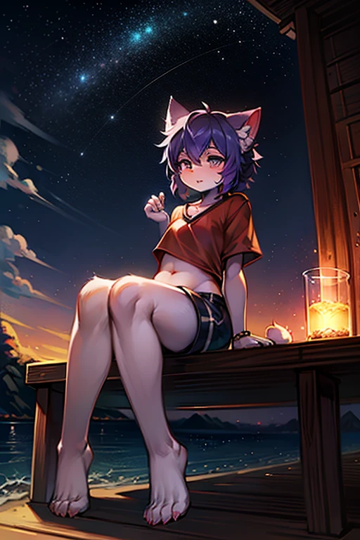 ((A furry girl sitting alone leaning back)), short black hair, wearing a pink choker, wearing pink bra, wearing pink thongs, wearing glasses, ( average body type ), ( Average big size breast ), side view camera, shy, embarrassed, wet, blushing, mouth open, lewd, drooling mouth, chest is wet, sweating, side view shot, lone world,she is alone in the world, nobody is in the world except her, side view, side view shot, side view cam, side view body, right size for pink bra, no other clothing wearing, no jacket, no blanket