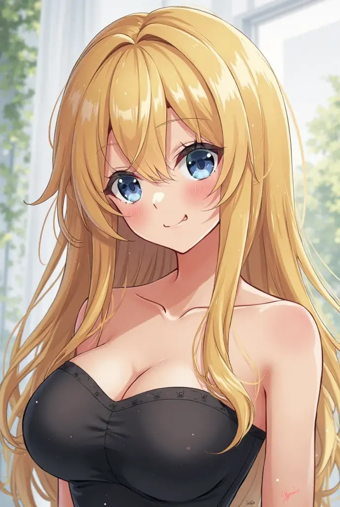 anime style girl, wavy hair, blonde with long hair, dark brunette with freckles, beautiful eyelashes and blue eyes, she has a pretty blue dress with straps and a silver necklace with a cat pendant.