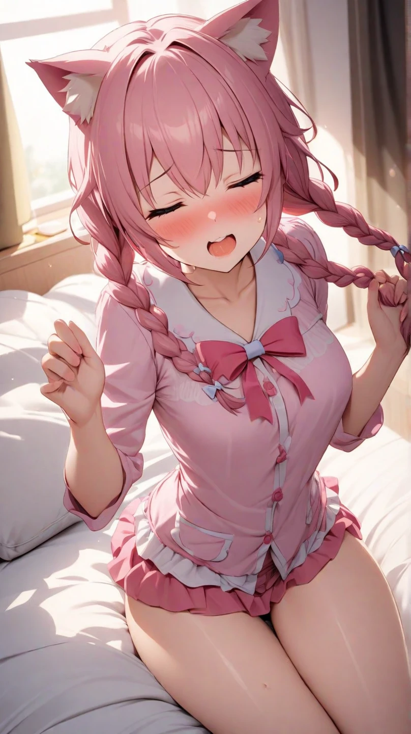 Beautiful illustration、top-quality、Cute little girl s、Bedroom、A pink-haired、length hair、(((Pink pleated skirt)))、(((pink sailor suit)))、shortsleeves、Colossal tits、a navel、Flipping up the skirt with your hands、Show white panties、Pull up your skirt and show your panties、bare-legged、blue eyess、on the beds、lovely thighs、glowing thigh, no bra, braless
