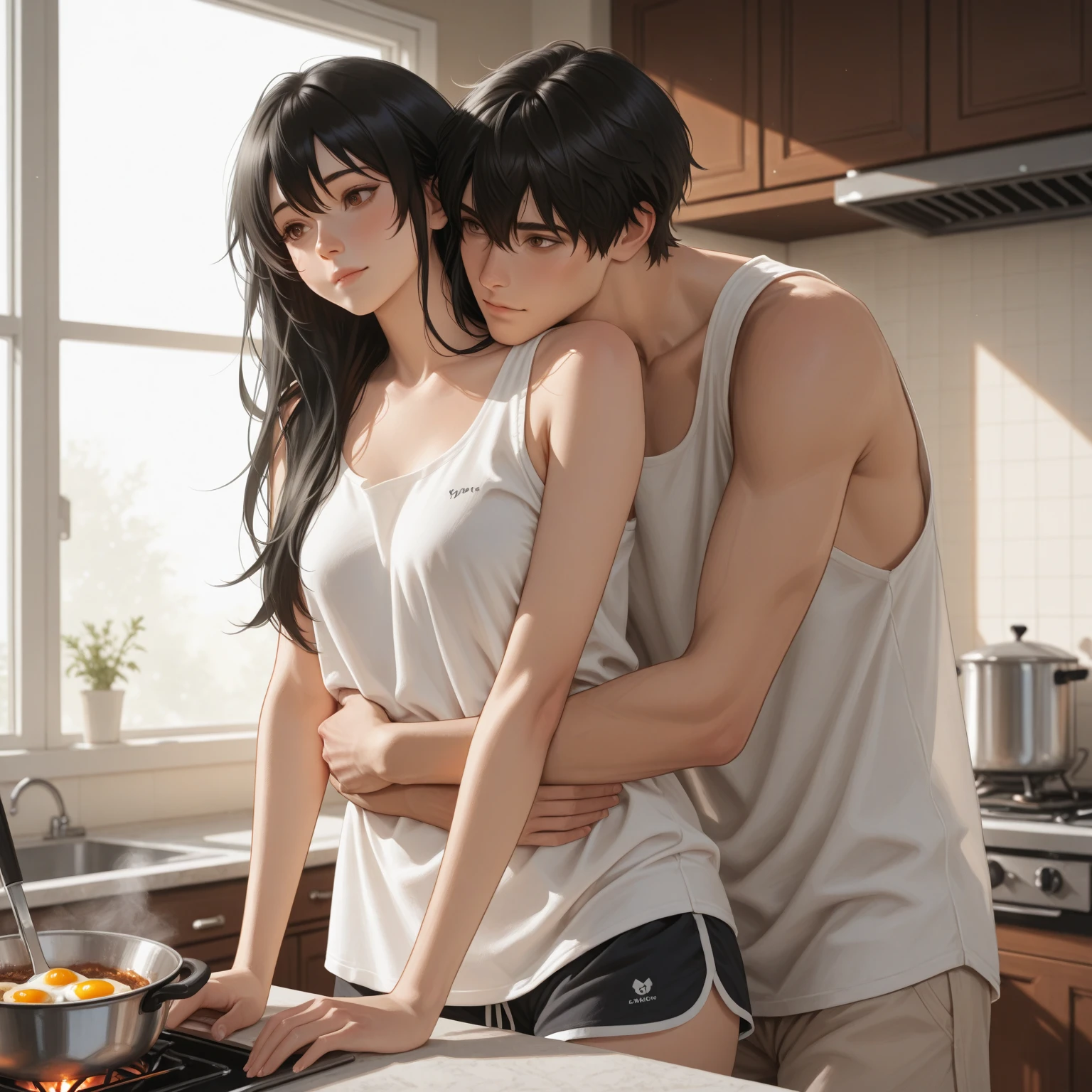 8K quality、High resolution、Realistic skin texture、High resolutionの瞳、Man standing in kitchen、Woman pressing her butt against man、A housewife seduces a man、A neat U-neck and a mini skirt、thin、Model Body Type、Ripe body、Off the shoulder、Realistic female genitalia、Small breasts、Blowjob