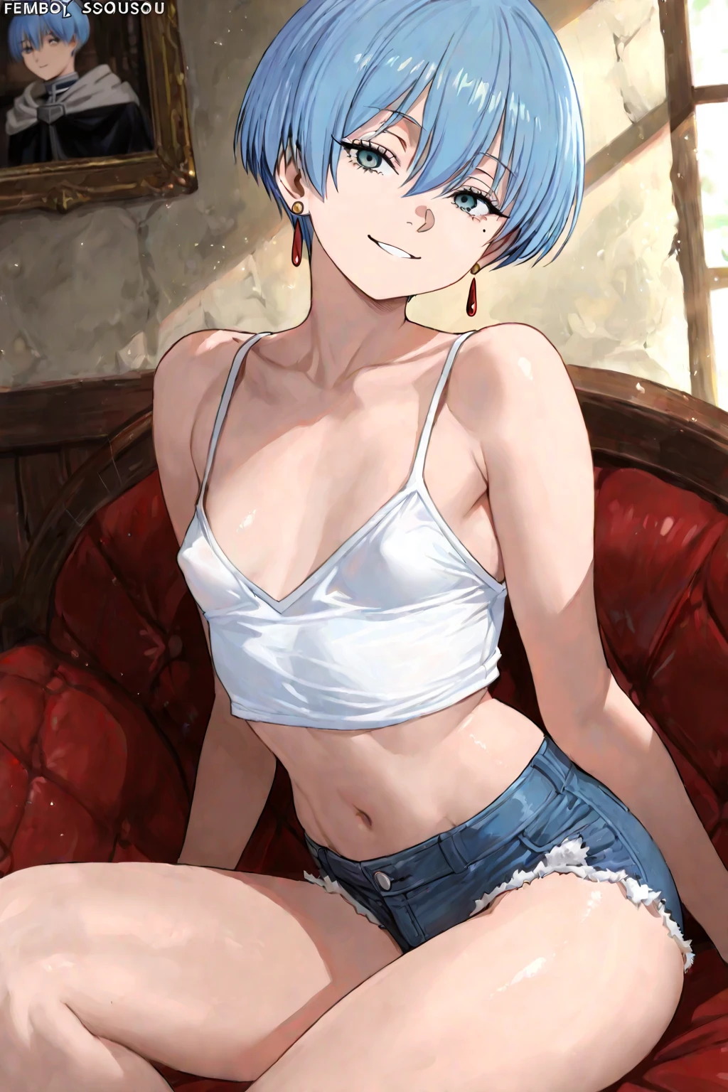 bulma, short hair, aquamarine hair, bob cut, hits, blue eyes, 1 girl, Alone, bare shoulders, Strapless, belt, medium chest, Red shirt, white pants, wristwatch, Sitting on a sofa, seductive smile