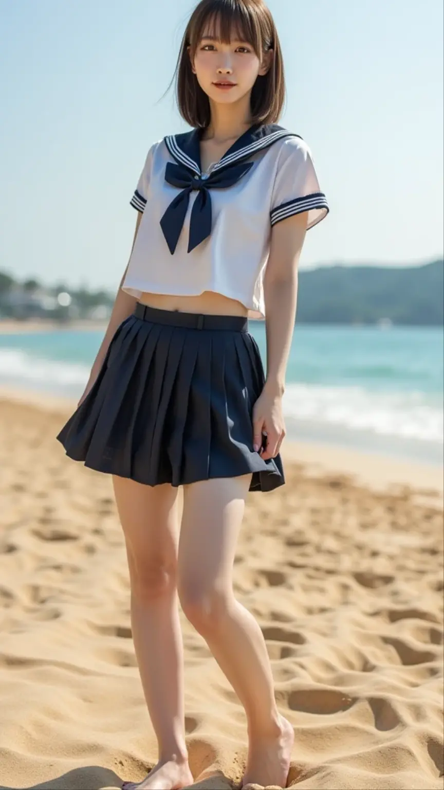 1girl,(((Okinawa ocean)))、(((White sand beaches in Okinawa)))、(((Just join your hands and pray)))、(((Mysterious look)))、8k UHD、Digital single-lens reflex camera、High resolution、Shallow depth of field、Natural light、(((Sailor suit)))、(((navy blue super mini skirt)))、(((A sparkling, charming smile)))、(((Full body photography)) )、Small person、(((Young face)))、1 Japanese female、12 years old;beautiful girl、(Black Hair)、A strong wind blows up my skirt、(((Brown eyes)))、Glowing Skin、Smooth Thinning Hair、Long Hair、Detailed background、Detailed eyes and face、Clear Eyes、Cute smile、Calm atmosphere、(((stage)))、(((Small breasts)))、(((Beautiful Eyes)))、Flat chest、Children、(((Toned thighs))) 、(((Angle from below) ))、(((Fine lips)))、(((Skirt fluttering)))、Shining beautiful legs、( Skirt fluttering violently in the strong wind :1.4), (hair blowing in the strong wind:1.4), (leaning forward)、barefoot、barefoot、((((A skirt flipped up by a strong wind))))